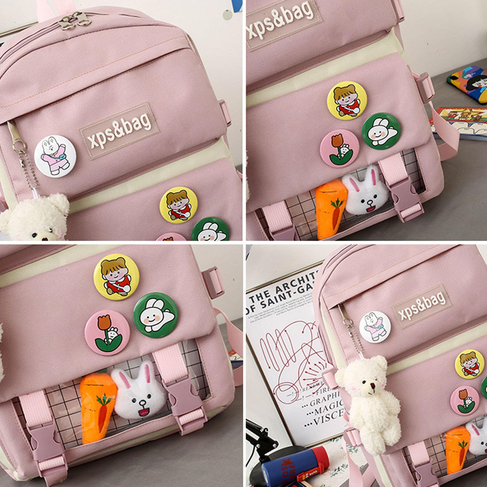 4Pcs Kawaii Backpack Set for School - Cute Aesthetic Backpacks with Accessories for Girls & Teens (Pink) - Perfect for School, Travel & Daily Use