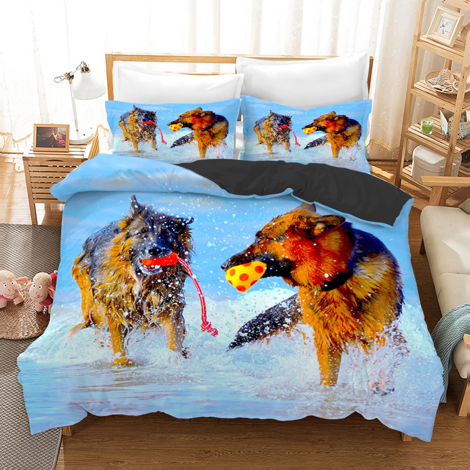 King Size Comforter Set - Blue Border Shepherd Design 100g/m² Microfiber Bedding with 2 Pillowcases (20x26) - Soft Queen Comforter for Bedroom Decor, Kids Room, Teens Room | Perfect for Cozy Sleep, Guest Bedding & Home Styling