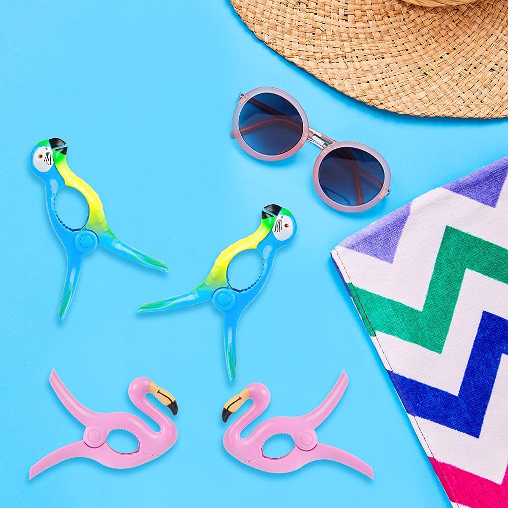Sopito Jumbo Size Beach Towel Clips - Set of 4 Flamingo Parrot Design - Secure Hang Seal for Beach Chairs, Cruise, Pool, Patio & Daily Use - Perfect for Sunbathing, Travel & Outdoor Relaxation