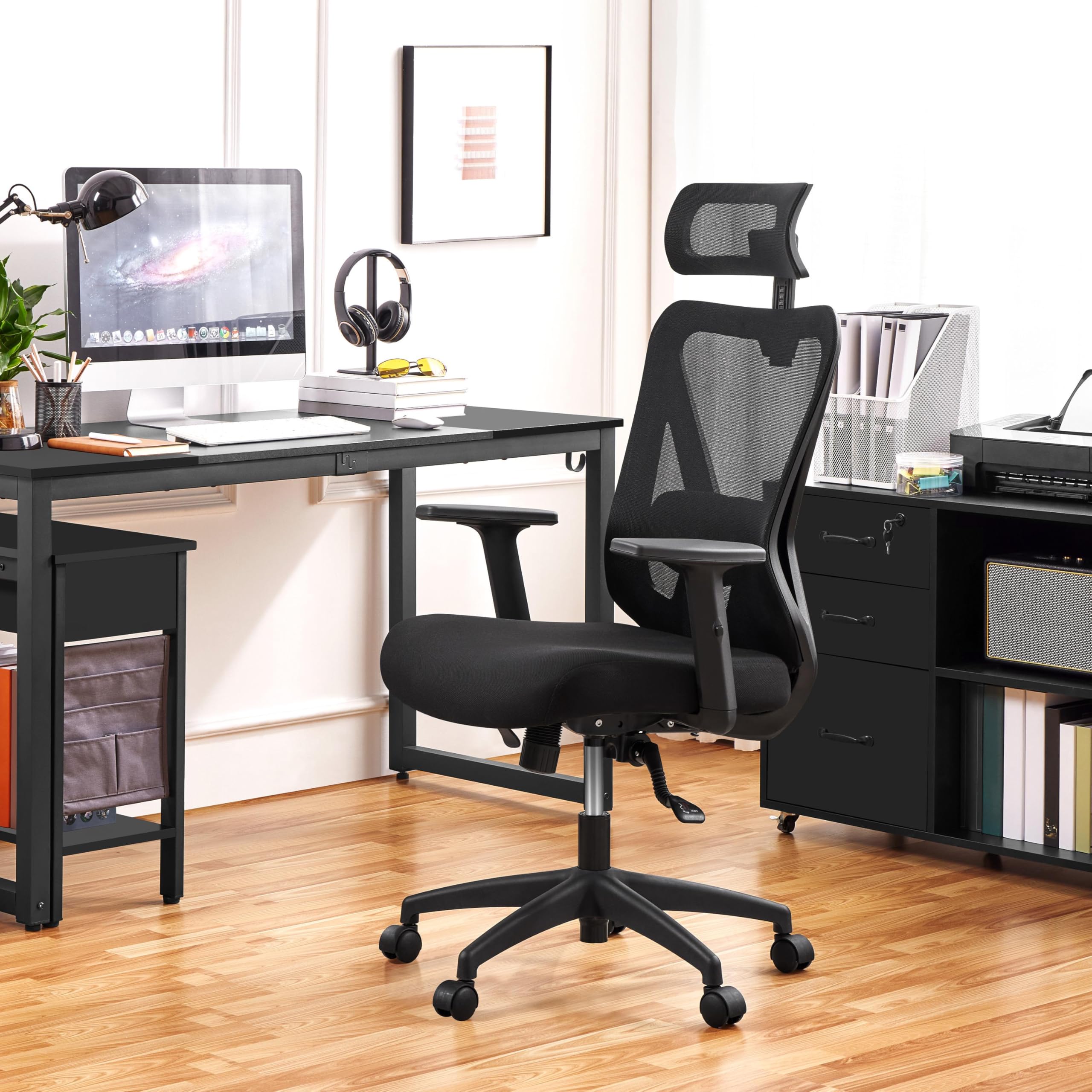 Yaheetech Ergonomic Office Chair - High Back Mesh Computer Chair with Adjustable Lumbar Support, Armrests & Headrest - Black - Perfect for Home Office, Gaming & Study Workspaces