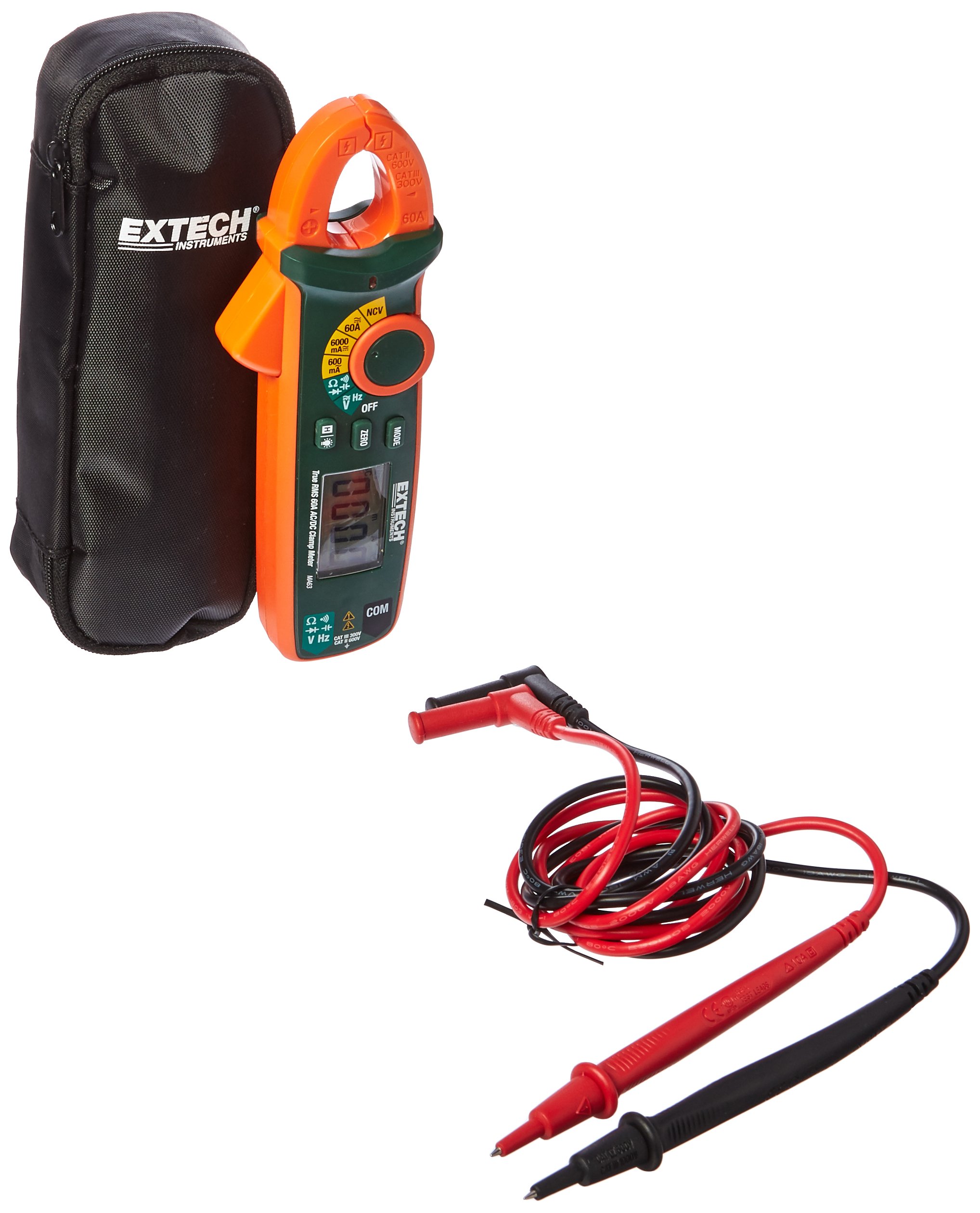 Extech MA63 True RMS 60A AC/DC Clamp Meter with Non-Contact Voltage Detection - Professional Electrical Testing Tool for HVAC, Automotive & Industrial Use
