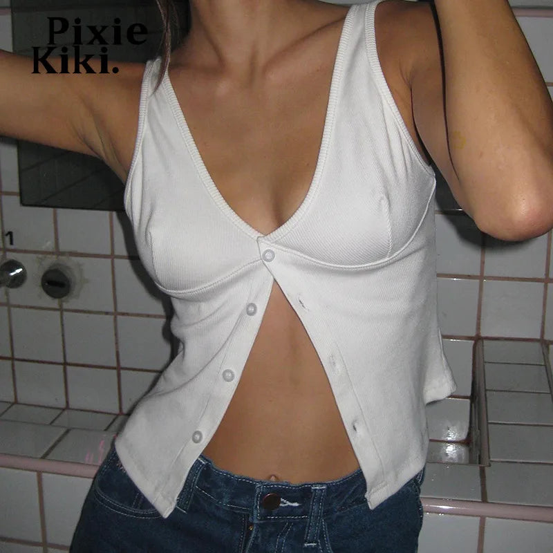 Women's Basic White Ribbed Tank Top - Casual Button Up V-Neck Sleeveless Summer Tops 2024 | Perfect for Beach Outings, Layering & Everyday Wear
