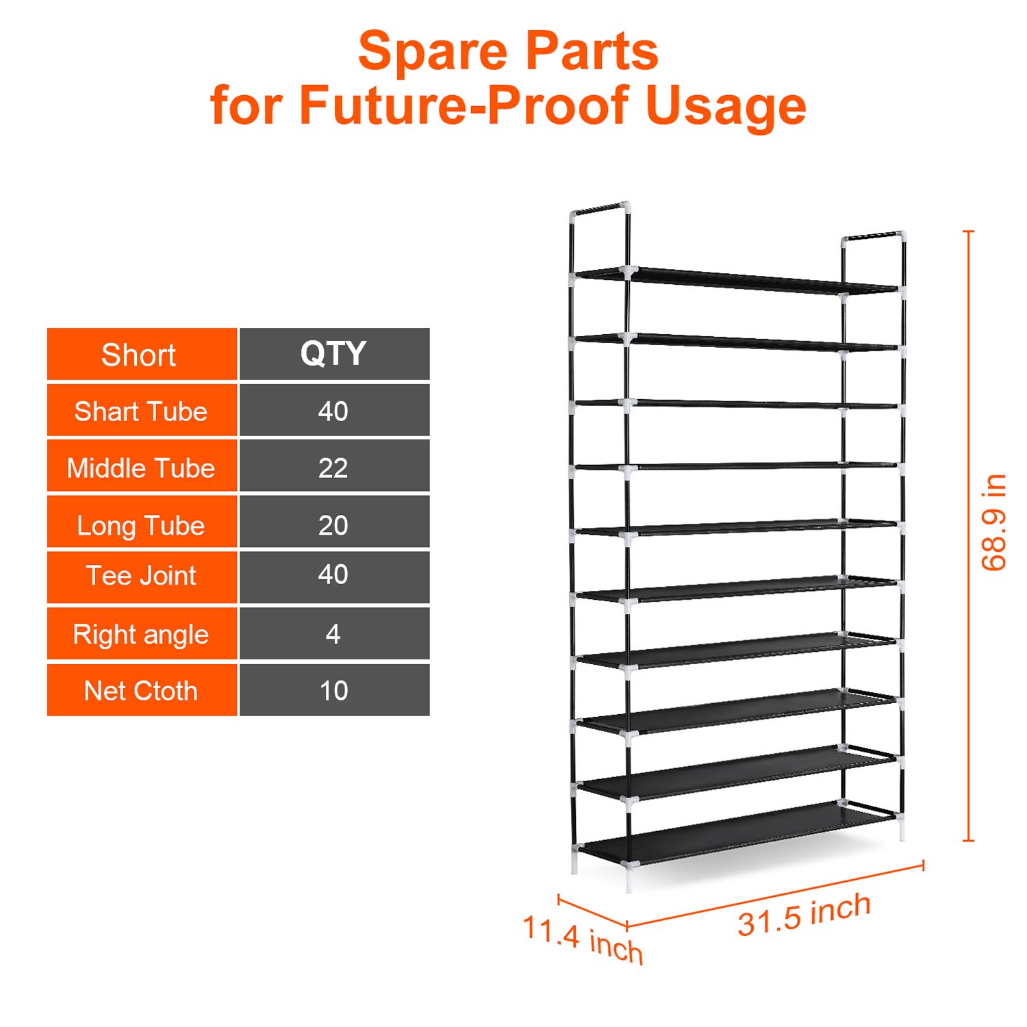 ERONE 10-Tier Shoe Rack Organizer - Tall Metal Shoe Storage Cabinet for Closets & Entryway | Non-Woven Fabric Sturdy Shoe Shelf Tower | Space-Saving Home Organization Solution (Black) | Perfect for Small Apartments & Mudroom Storage