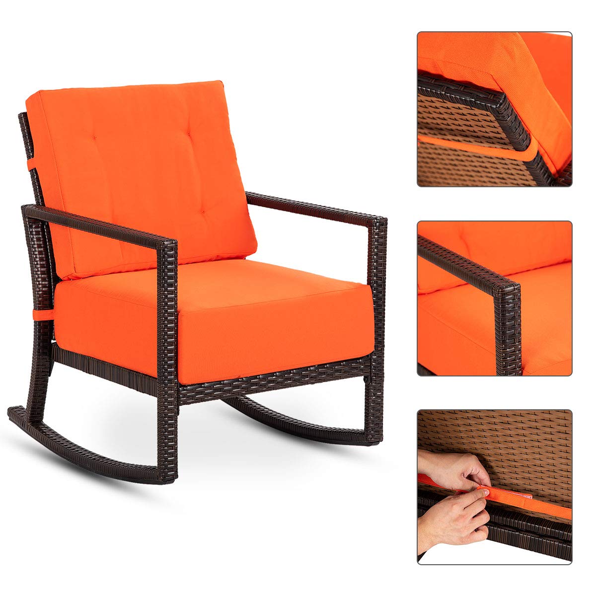 Tangkula Orange Rattan Rocking Chair - Outdoor Patio Rocker with Cushion, Weather-Resistant Wicker Armchair for Garden, Porch & Backyard Relaxation
