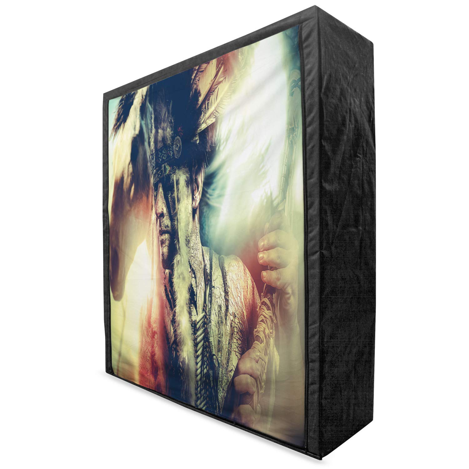 Ambesonne Portable Fabric Wardrobe with Tribal Tattoo Design - Brave Warrior Chief & White Horse Print, 59 Inch Clothing Organizer with Shelves (Black & White) - Perfect for Bedroom Closet Storage, Dorm Room Organization & Travel Garment Bag