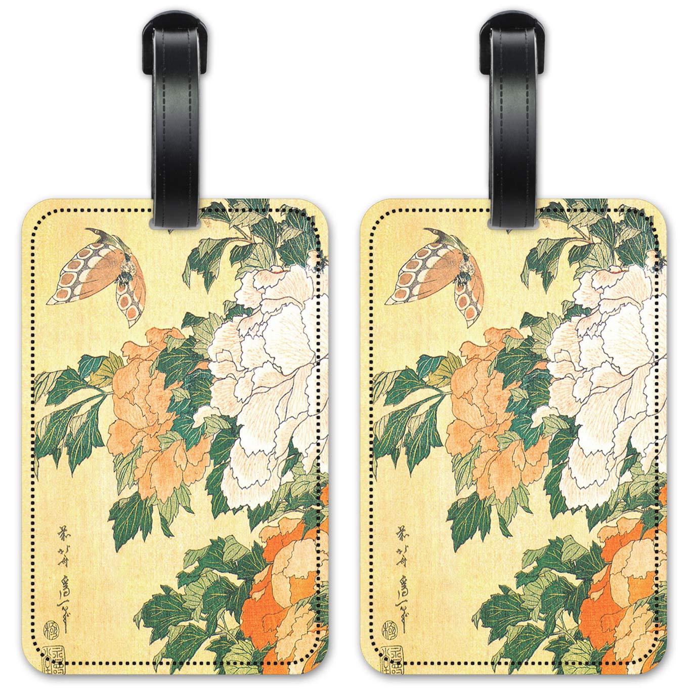 Hokusai Peonies & Butterfly Luggage ID Tags - Set of 2 Waterproof Suitcase Identification Cards for Travel - Perfect for Airports, Cruise Ships & Business Trips