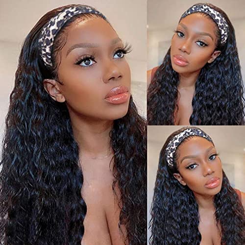 Afeier 10A Virgin Human Hair Headband Wig - Water Wave Curly Headband Wig for Black Women | 180% Density | 18 Inch Natural Color | No Lace Front | Easy to Wear | Perfect for Daily Wear, Parties & Special Occasions