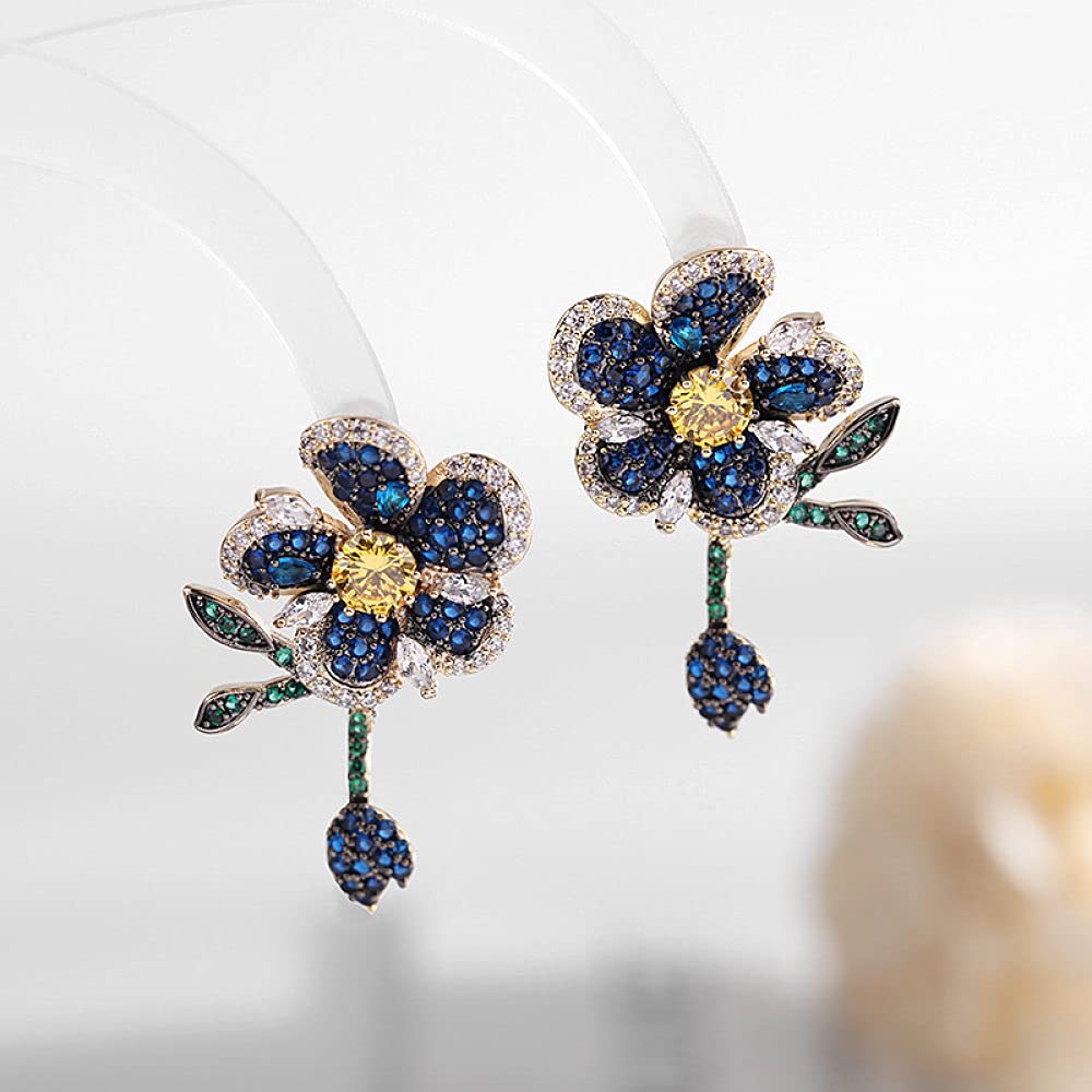 925 Sterling Silver Bohemian Dangle Earrings for Women - Long Blue Flower Zircon Needle Earrings, Fashionable & Unique Gift for Young Girls | Perfect for Parties, Weddings & Everyday Wear