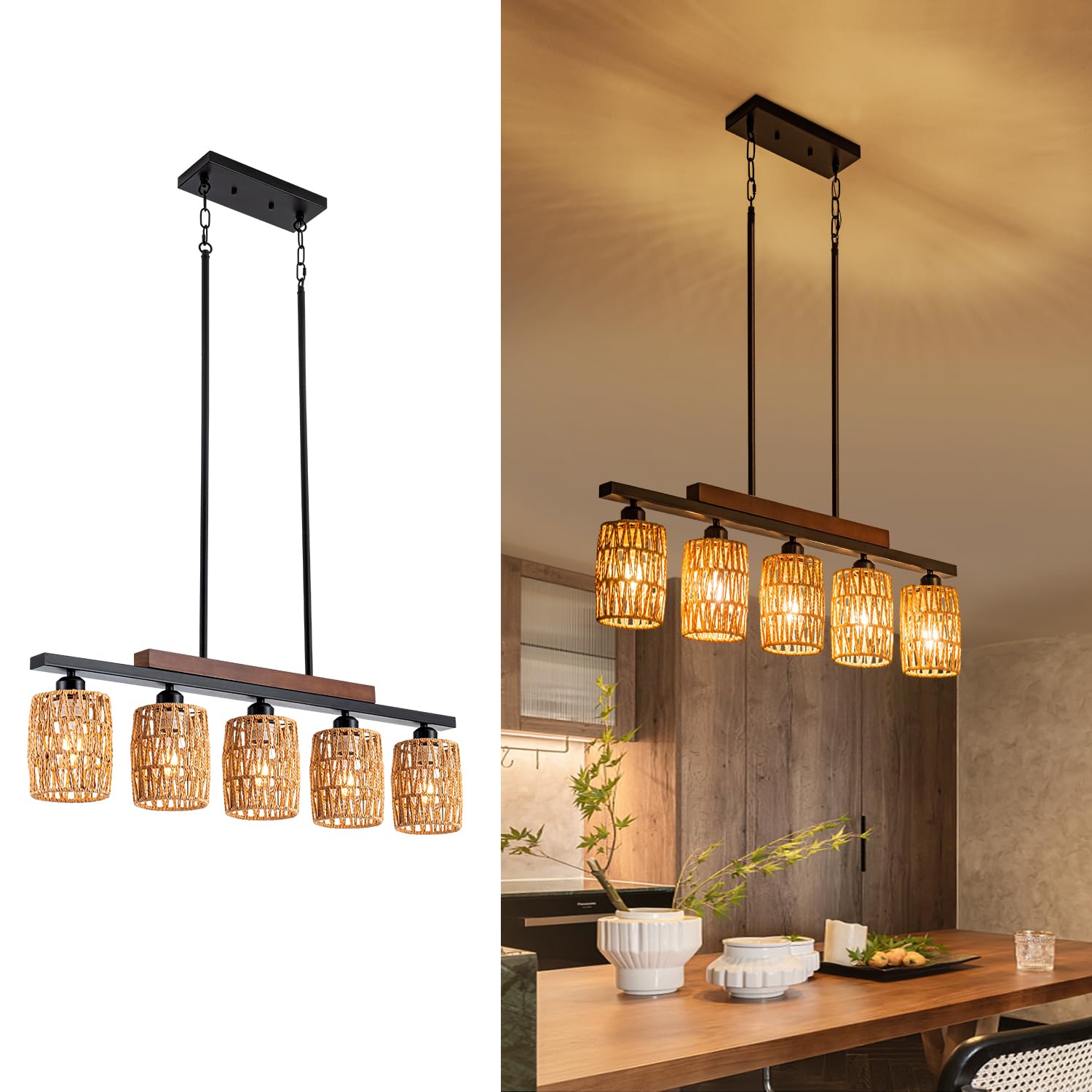 Rustic Rattan Farmhouse Chandelier - 5-Light Boho Dining Room Pendant Light with Adjustable Height, Wood & Matte Black Linear Hanging Fixture for Kitchen Island, Dining Table, or Living Room Decor