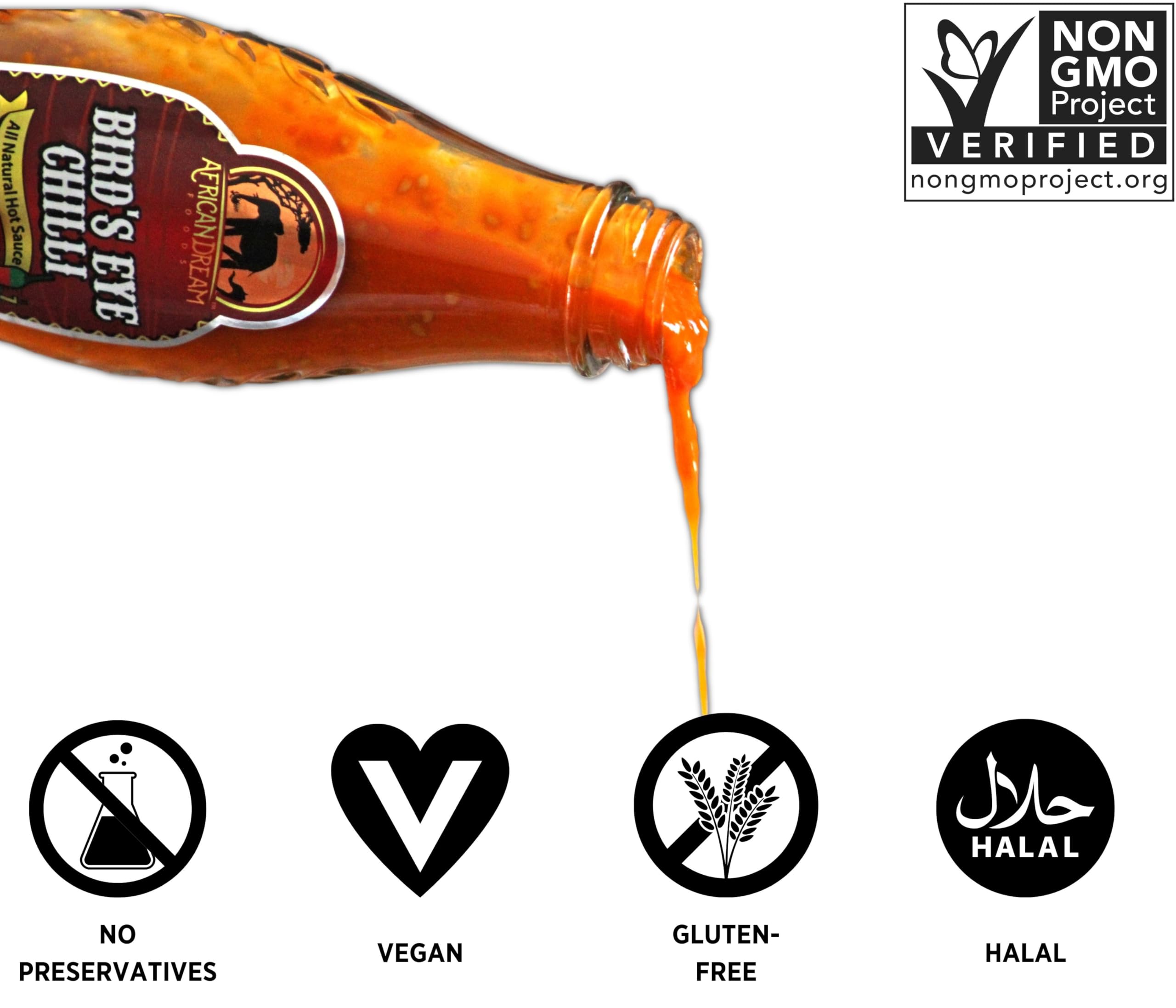 African Dream Foods Bird's Eye Chilli Hot Sauce - Bold & Fiery Flavor, Vegan, Non-GMO, 5 fl oz Glass Bottle - Perfect for Wings, Tacos, Pizza & Spicy Food Lovers
