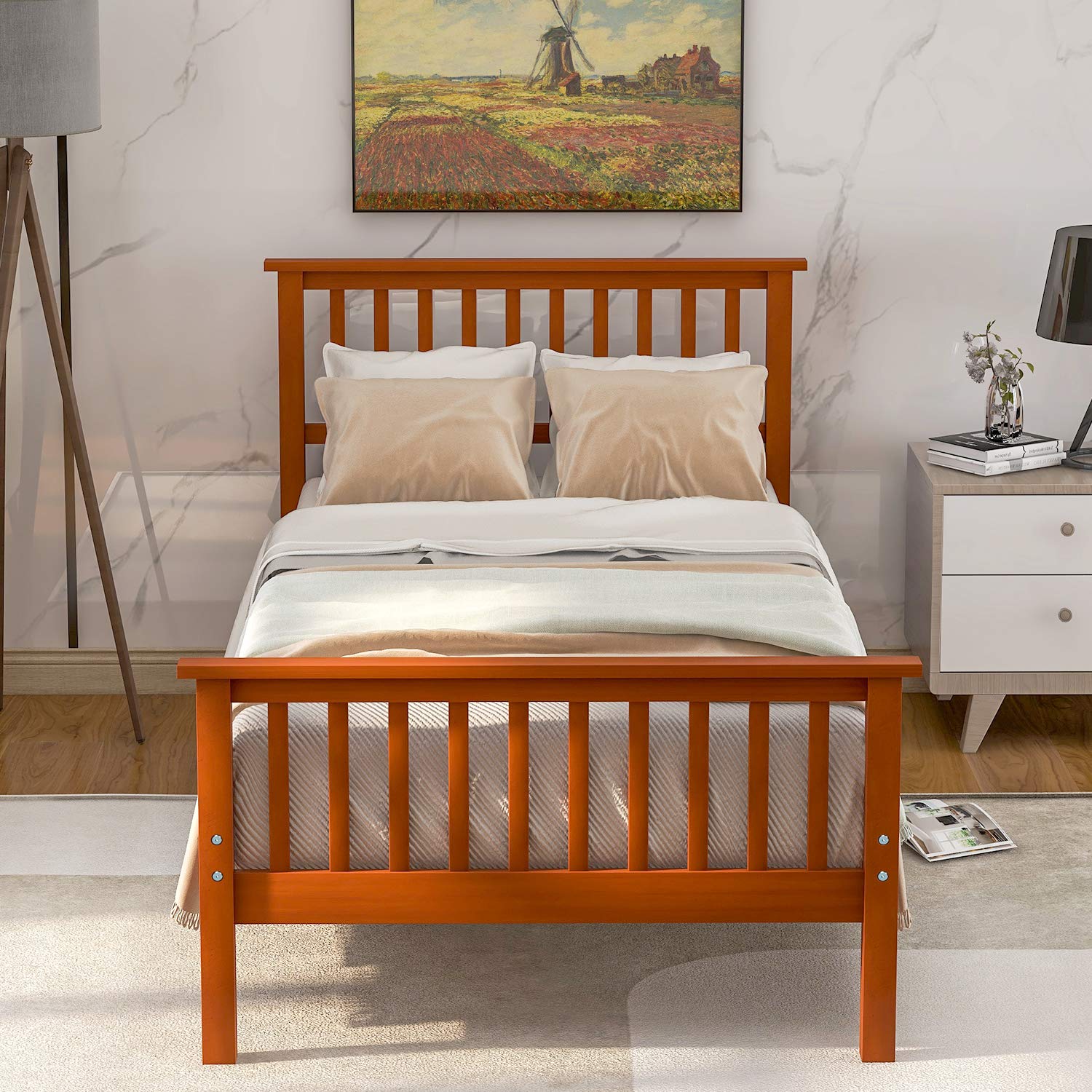 Solid Wood Twin Platform Bed Frame with Headboard & Footboard - No Box Spring Needed - Sturdy Oak Wood Bed for Kids, Teens & Adults - Perfect for Small Bedrooms, Guest Rooms & Dormitories