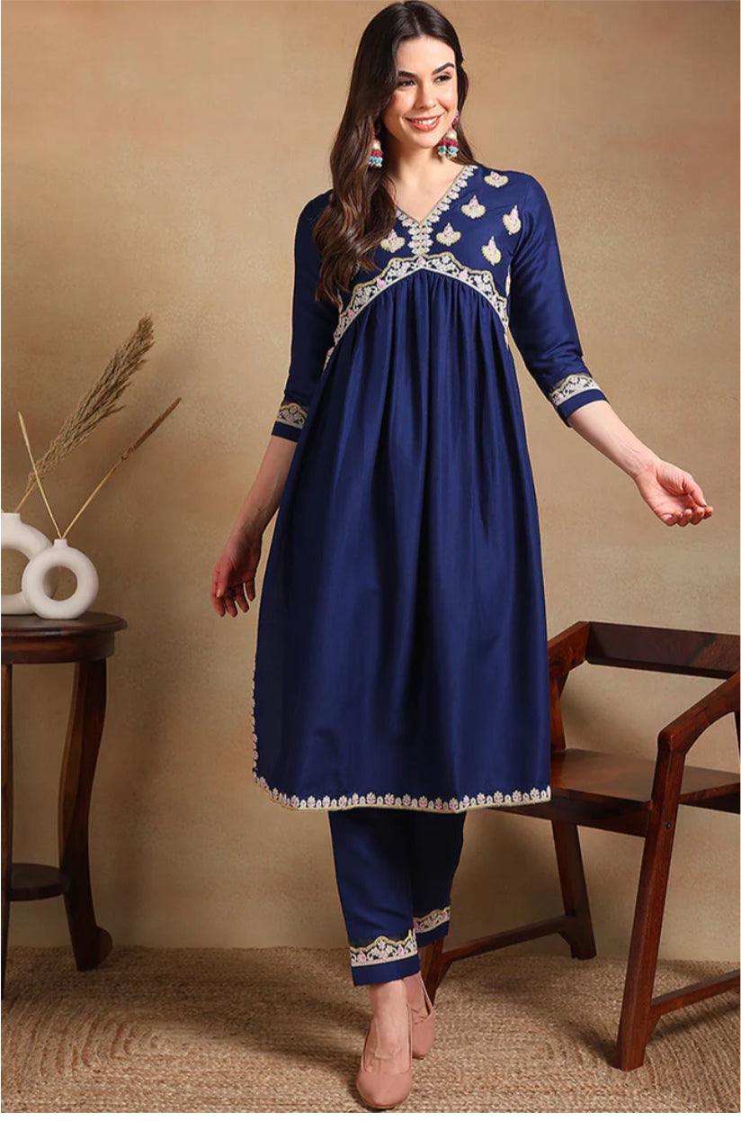 Navy Blue Silk Blend Embroidered Flared Kurta Set for Women | Elegant Indian Ethnic Wear | Perfect for Festivals, Weddings & Parties