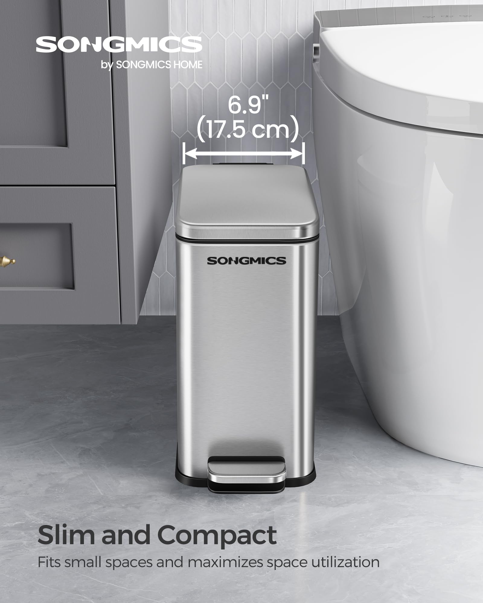SONGMICS 2.6 Gallon Stainless Steel Bathroom Trash Can with Lid - Slim Small Space Garbage Bin, Soft Close Design, Silver ULTB561E10 - Perfect for Bathrooms, Kitchens, Offices & Tight Spaces