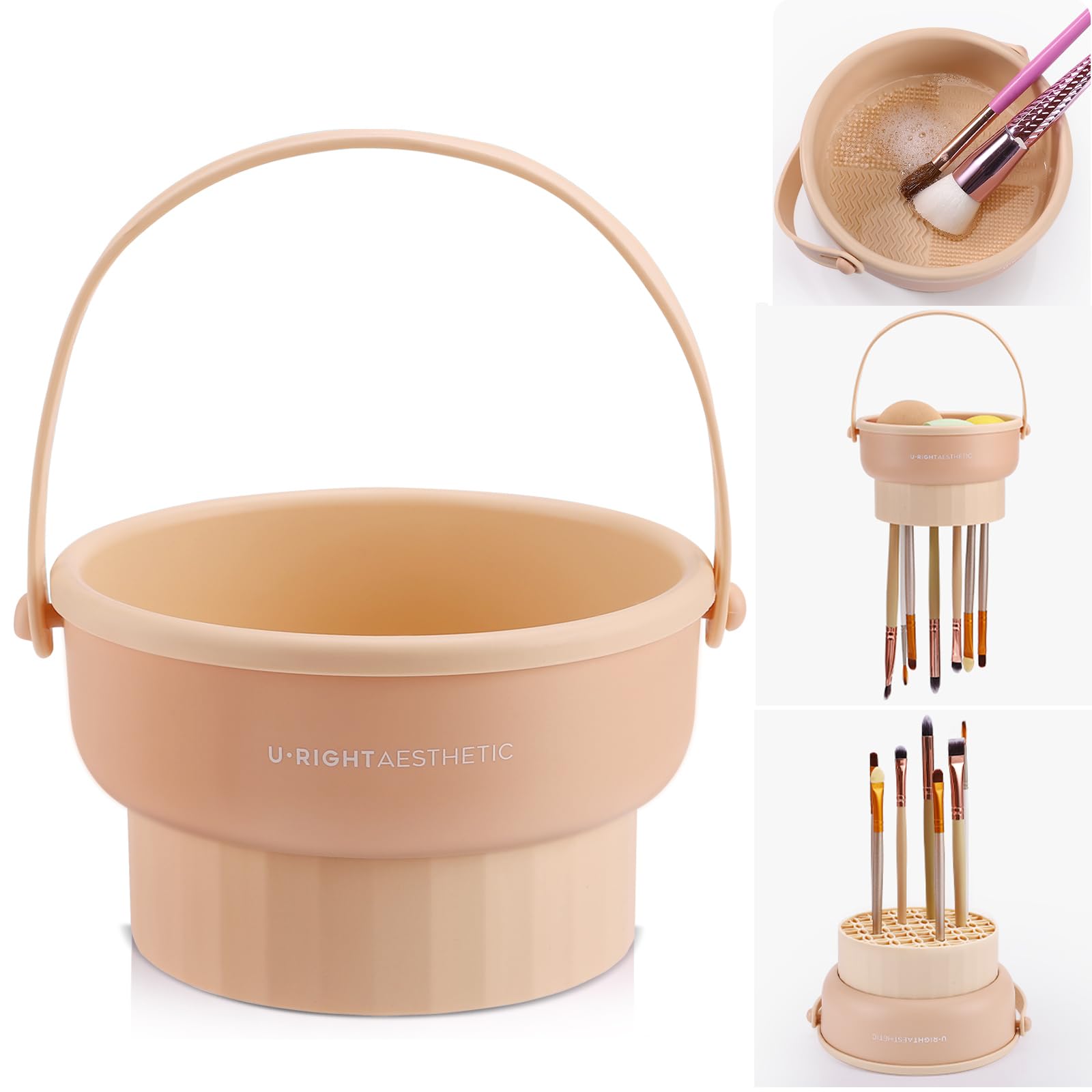 3-in-1 Silicone Makeup Brush Cleaner Mat & Bowl Set - Professional Cosmetic Brush Cleaning Tool with Storage Organizer & Air Drying Rack - Perfect for Home Salon & Travel Makeup Kit Organization