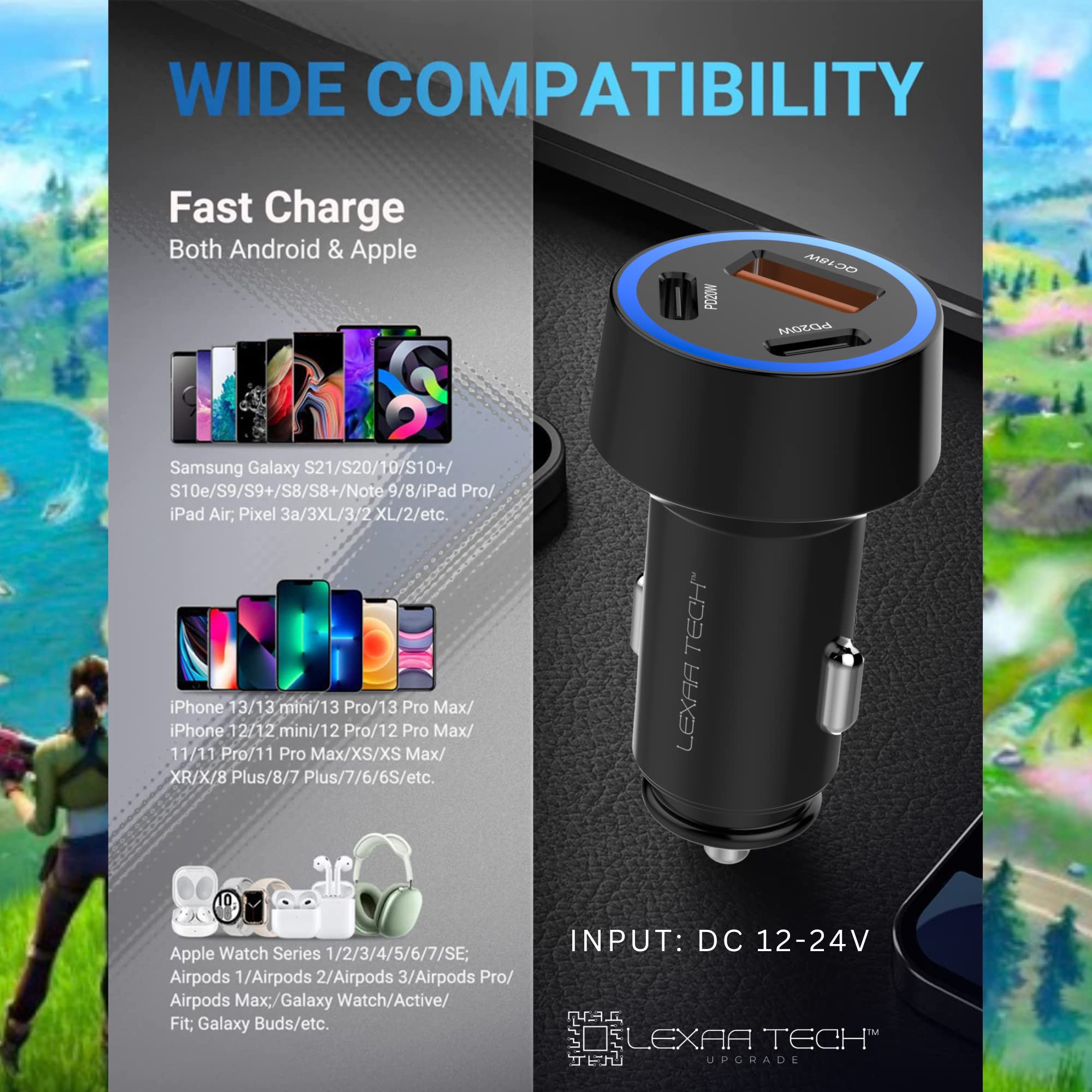 LEXAA TECH 58W USB C Car Charger Fast Charger - Dual Port PD QC 3.0 Car Adapter for iPhone 16/15/14/13/12 Pro Max/X/XR/XS, Samsung Galaxy S24/S23/S22/S21/Note 20/10, Google Pixel - Perfect for Road Trips & Daily Commuting