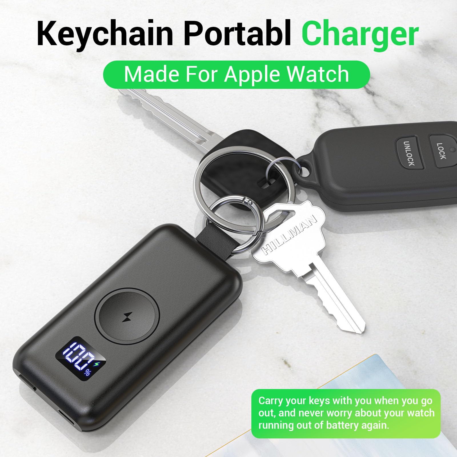 Portable Magnetic Wireless Charger for Apple Watch - 1500mAh Power Bank with LED Display | Travel Keychain Charger Compatible with Apple Watch Series 10/9/8/Ultra/7/6/5/4/3/2/SE (Black) | Perfect for Travel, Gym & Daily Charging On-The-Go