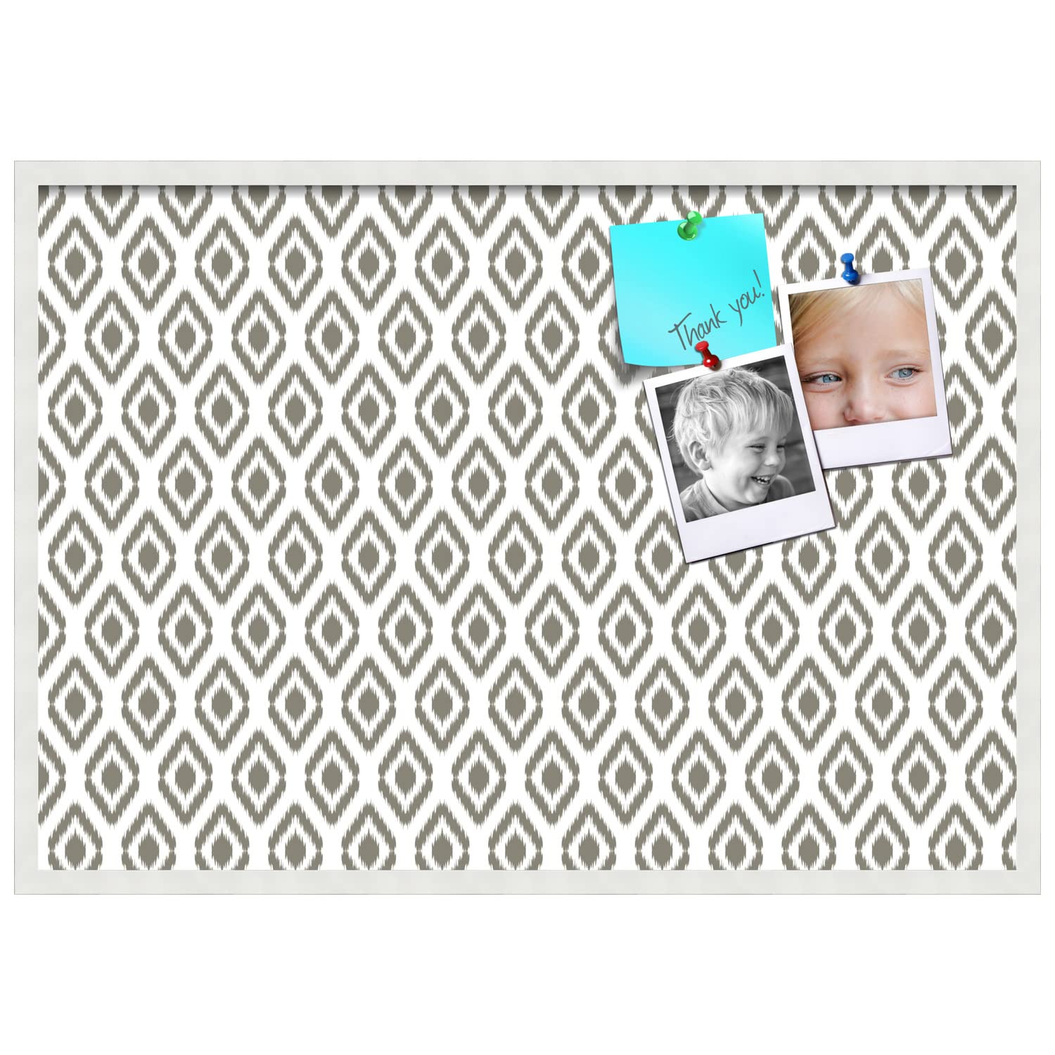 PinPix 40x28 Inch Cork Bulletin Board with Ikat Pewter Design & Satin White Frame - Decorative Framed Pin Board for Home Office School Decor - Perfect for Notes, Photos, Reminders & Wall Organization