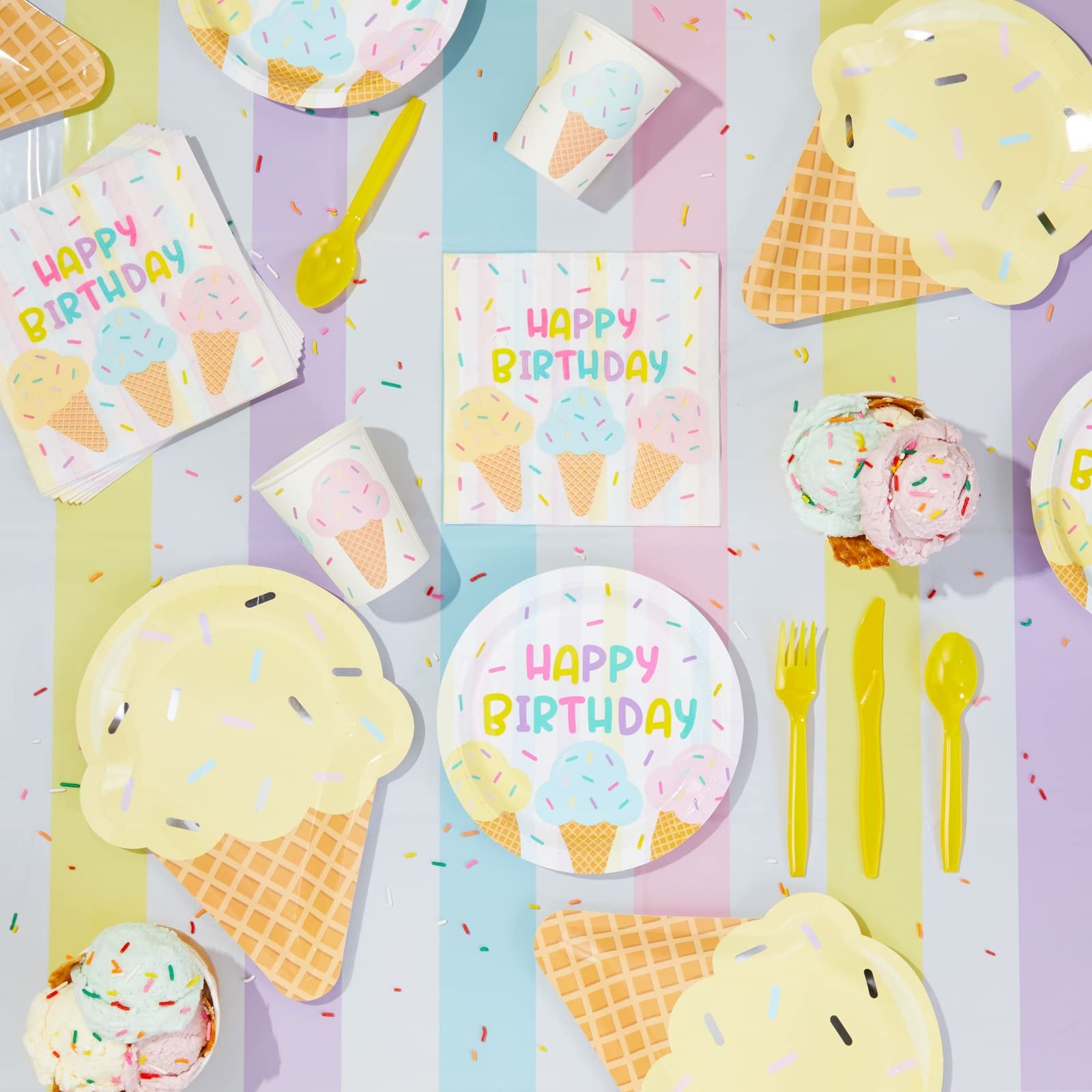 BLUE PANDA 207-Piece Ice Cream Themed Birthday Party Decorations Set - Includes Dinnerware & Party Favor Bags for Kids Birthday, Baby Shower & Summer Celebrations