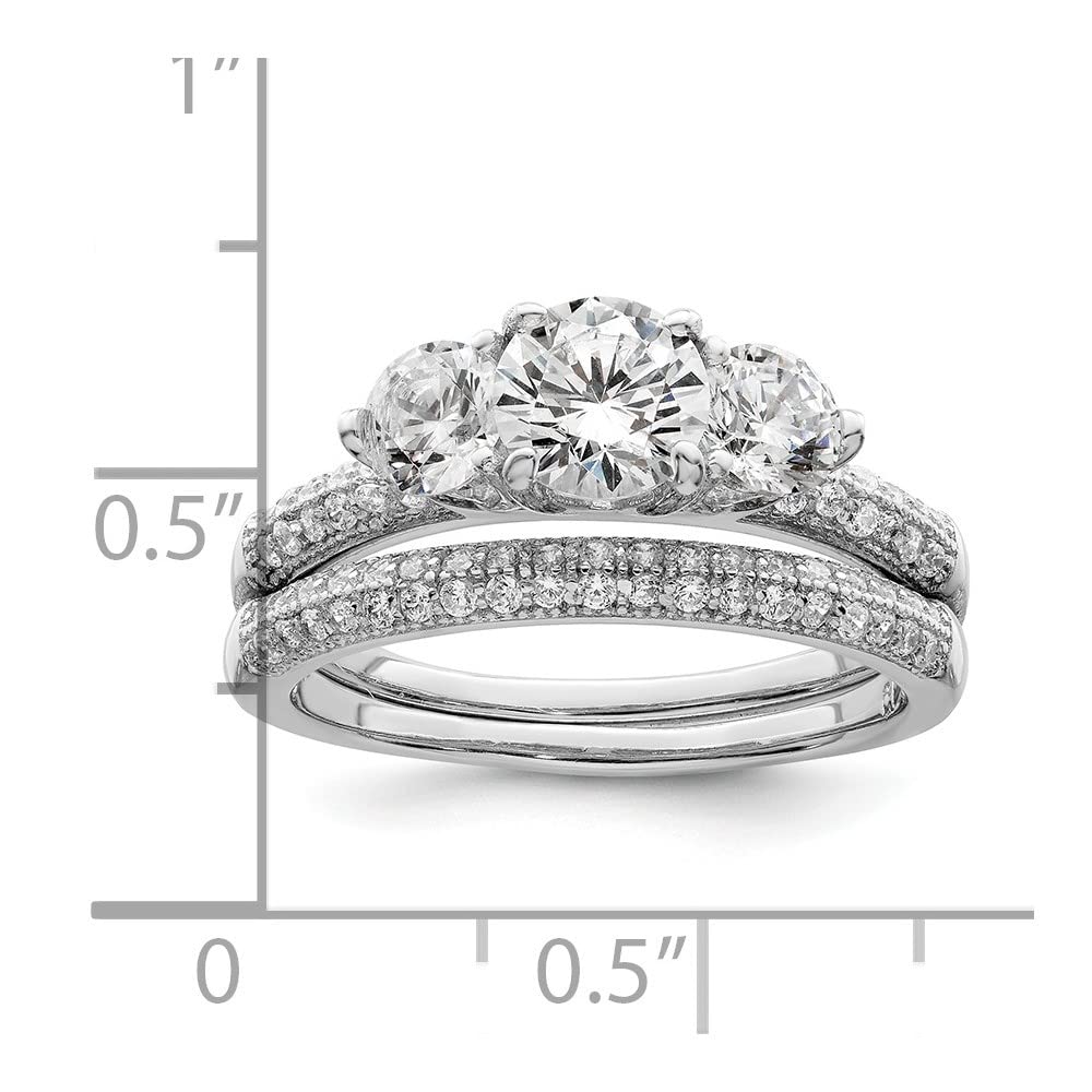 925 Sterling Silver Rhodium-Plated Cubic Zirconia 3 Stone Pave Band Ring Set - Diamond2Deal | Elegant Engagement & Wedding Jewelry for Women, Perfect for Proposals, Anniversaries and Special Occasions