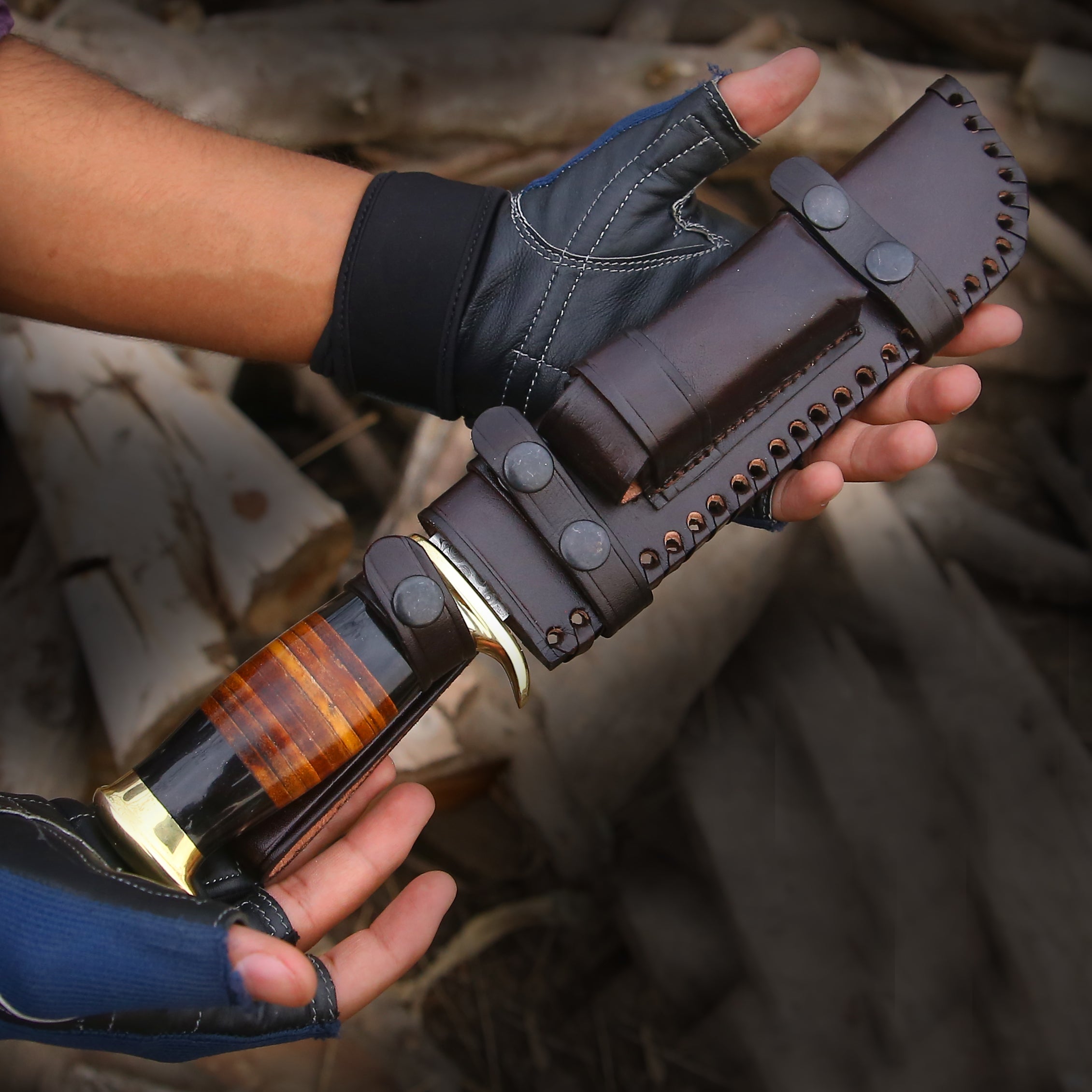 Premium Custom Bowie Knife with Genuine Bull Horn Handle & Stacked Leather Grip - Hunting, Camping, Outdoor Survival & Collectible Knife for Men