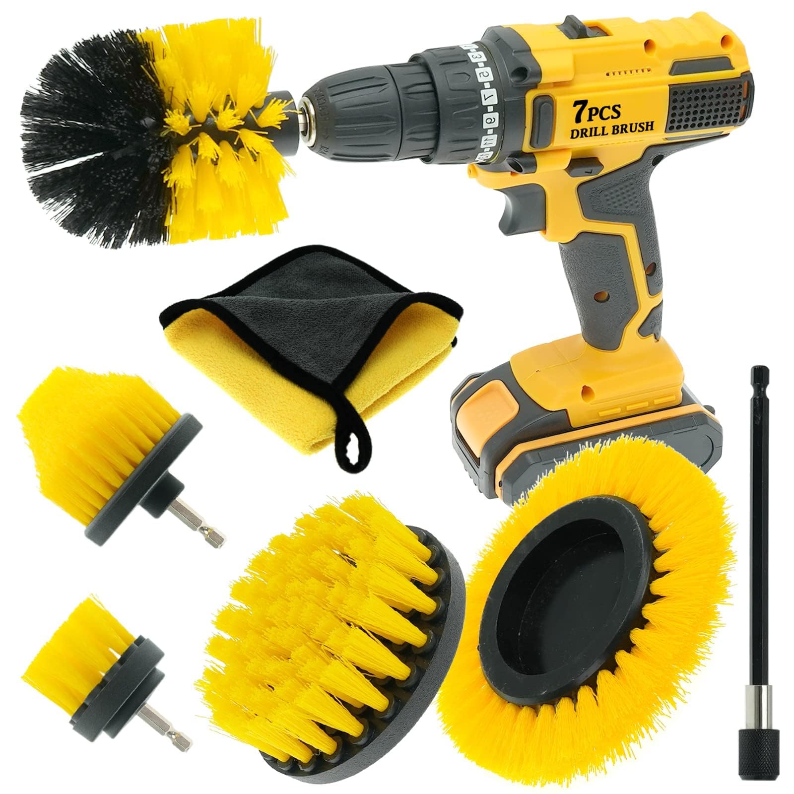 Sayutie 7-Piece Drill Brush Attachment Set - Power Scrubber Cleaning Brushes for Grout, Tile, Floor, Tub & Shower - Multi-Surface Scrubber for Bathroom, Kitchen & Household Cleaning (Yellow) - Perfect for Deep Cleaning Stains, Grime & Soap Scum