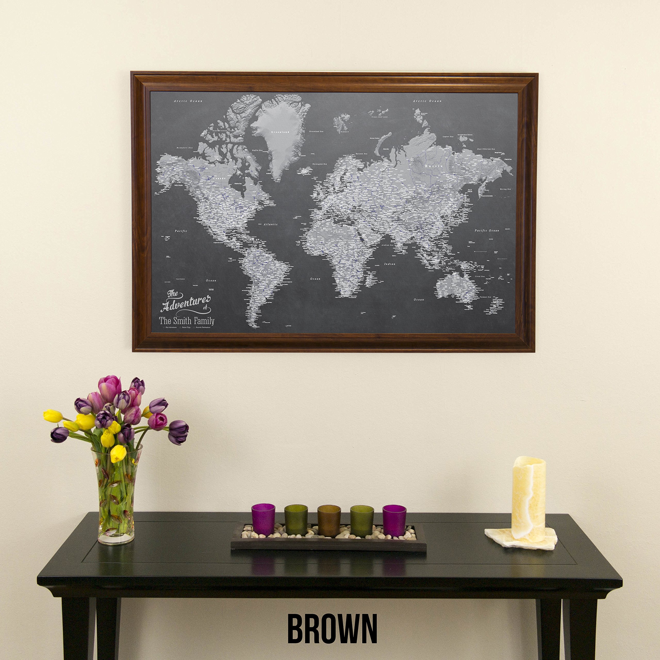 Personalized Stormy Dreams World Push Pin Travel Map - Brown Canvas Frame for Home & Office Decor | Perfect for Travel Enthusiasts & Gift Giving