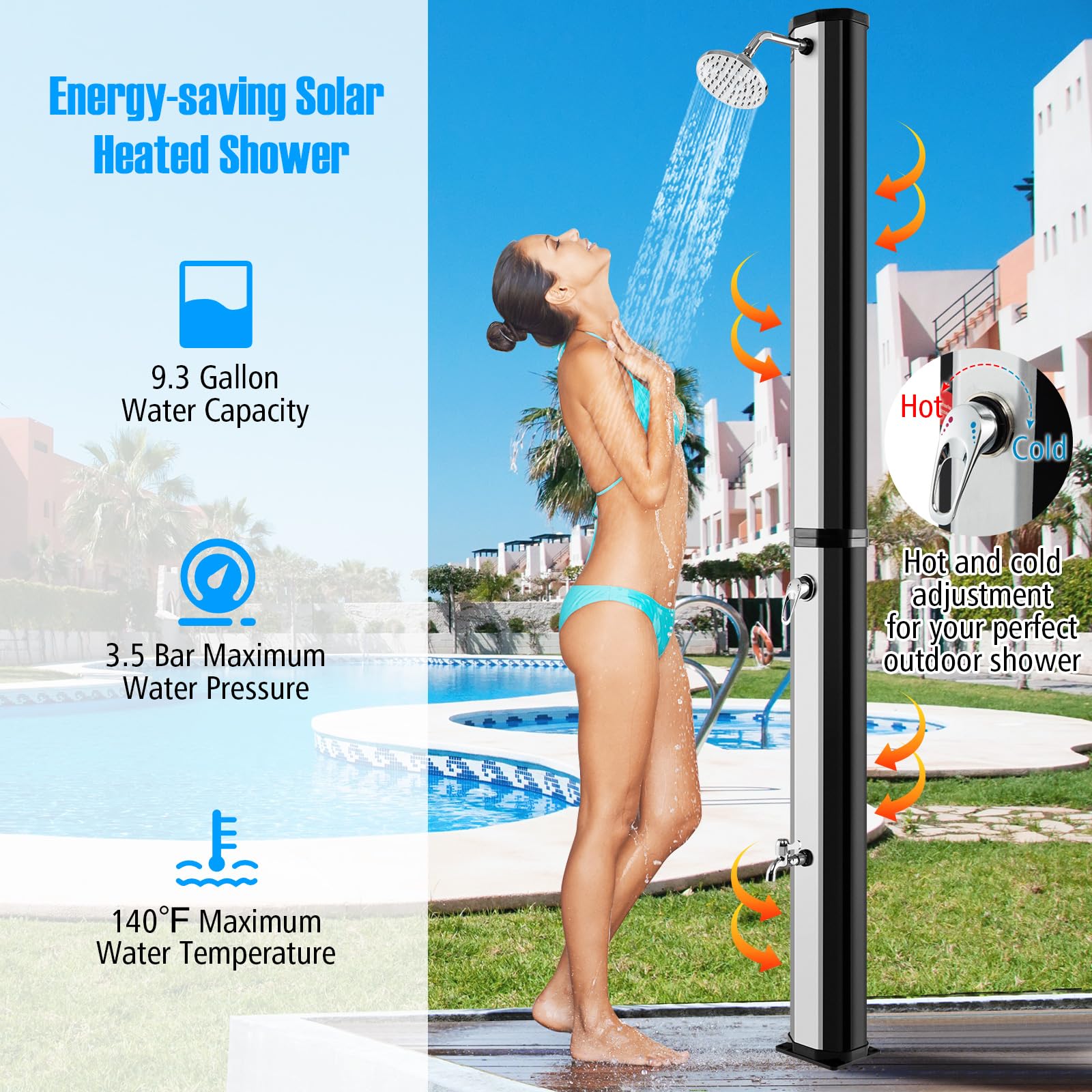 Goplus 9.3 Gallon Solar Heated Outdoor Shower - 7.2 FT Freestanding Garden Shower with 360° Swivel Shower Head, Foot Wash & Temperature Control - Perfect for Poolside, Backyard, Beach & Camping (Silver)