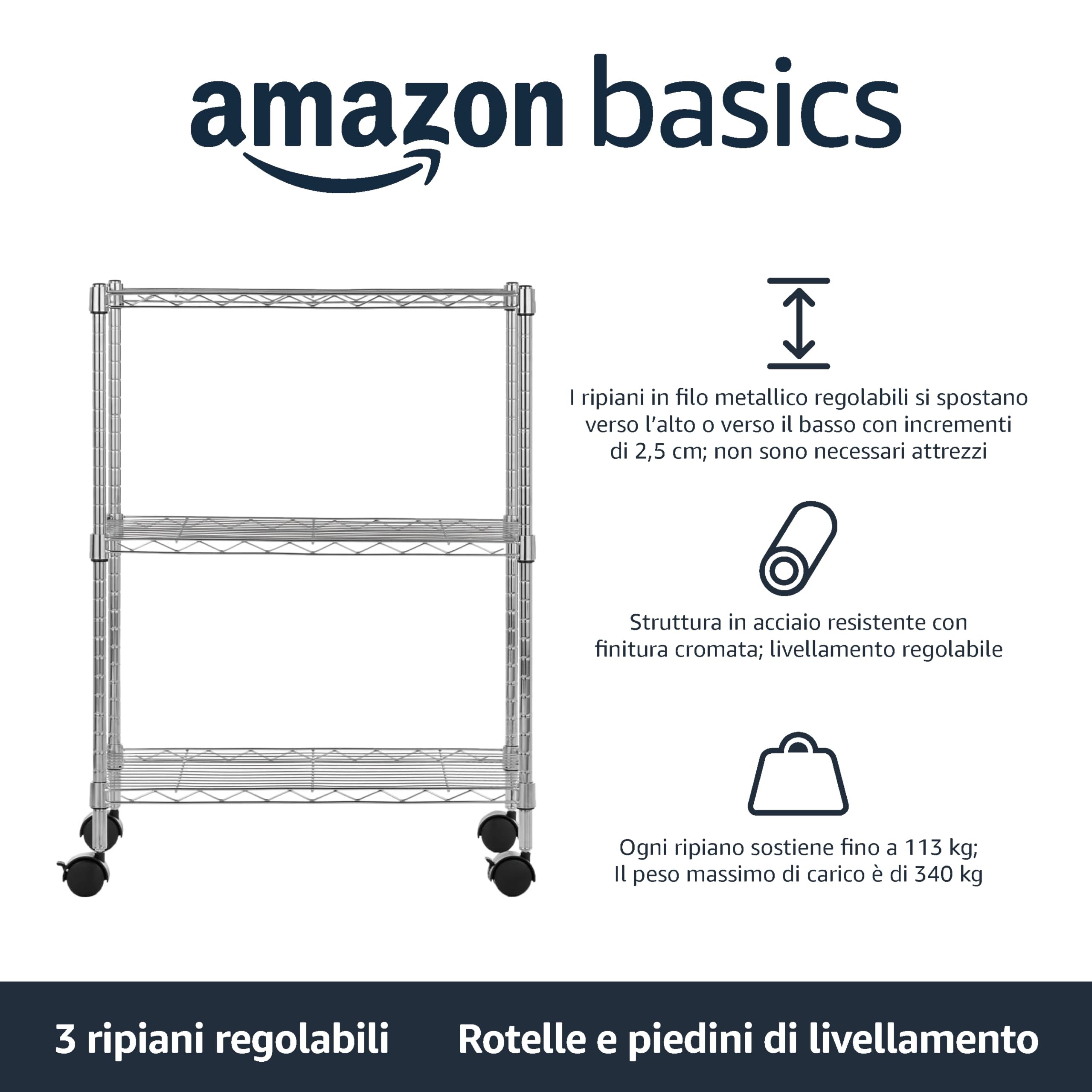 Amazon Basics 3-Tier Narrow Chrome Utility Cart with Wheels, Adjustable Shelves & Legs, 750 lbs Capacity, 34 x 58.9 x 83.2 cm (DxWxH) - Perfect for Kitchen, Garage, Office, or Workshop Storage & Organization