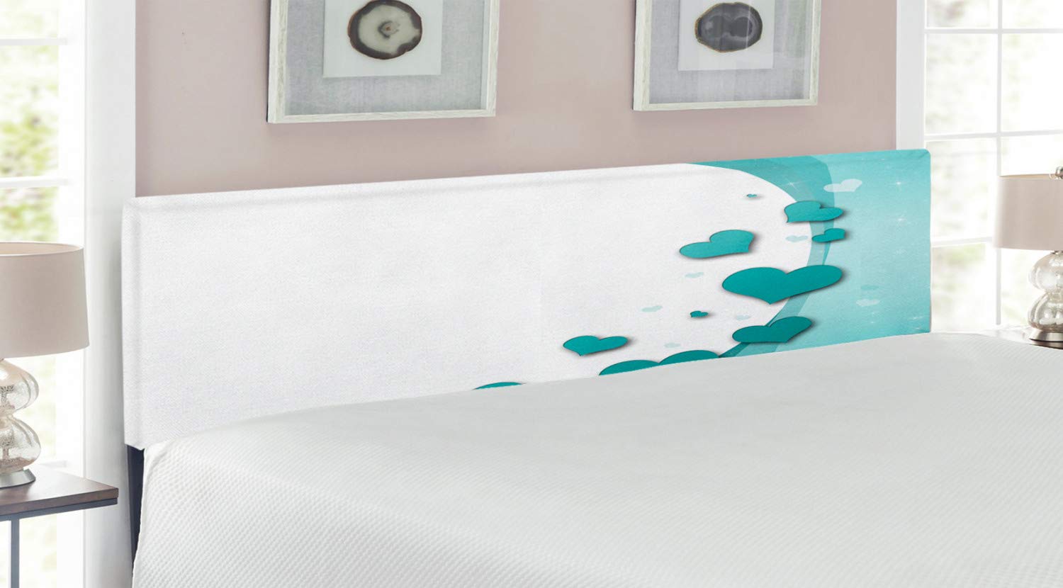 Ambesonne Turquoise Upholstered King Size Headboard with Memory Foam - Romantic Hearts & Stars Design for Bedroom Decor | Valentine's Day, Wedding Theme in Teal & White | Perfect for Master Bedrooms, Guest Rooms & Romantic Retreats