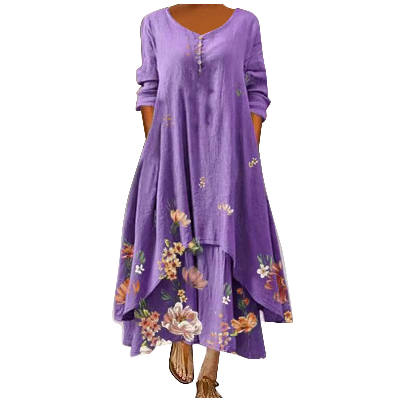 Women's Floral Cotton Long Sleeve V-Neck Button Down Shirt Dress with Pockets - Maxi Casual Fit Summer Dress for Work, Date Night & Outdoor Activities