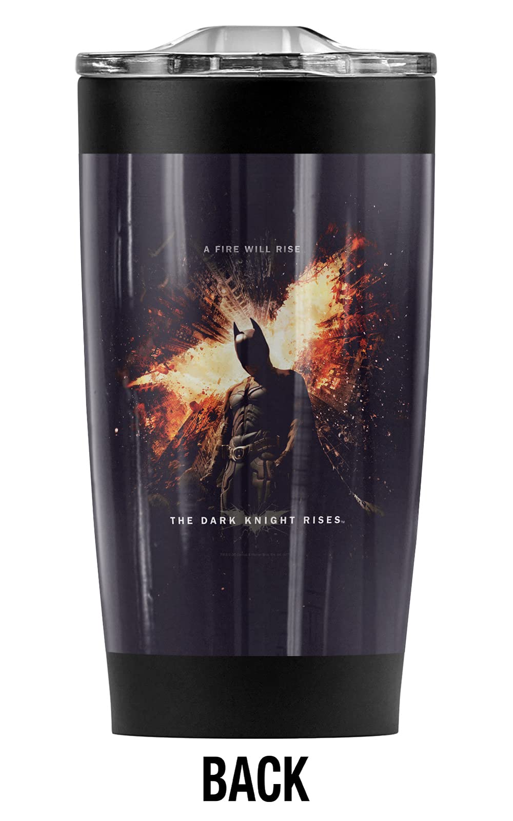 Batman Dark Knight Rises Fire Will Rise 20oz Stainless Steel Tumbler - Vacuum Insulated Coffee Travel Mug with Leakproof Sliding Lid | Double Wall Insulation for Hot & Cold Drinks | Perfect for Superhero Fans, Office Commute, Gym & Outdoor Adventures