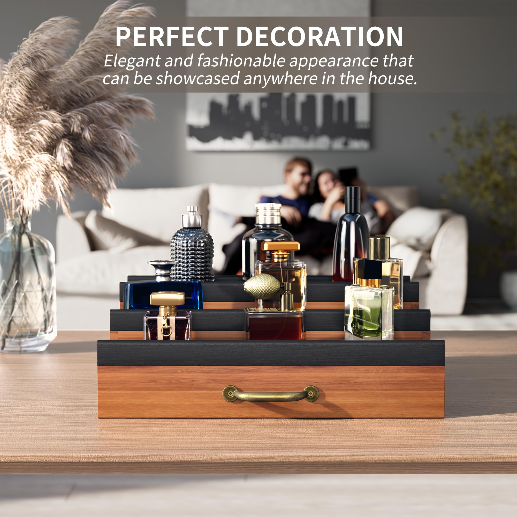 Premium Wooden Cologne Organizer for Men - Perfume Display Stand with Hidden Compartment & Drawer - Dresser Storage Riser for Fragrance Bottles - Perfect Gift for Him, Husband or Boyfriend (Brown) - Ideal for Bedroom Vanity, Bathroom Counter or Dresser Top Organization