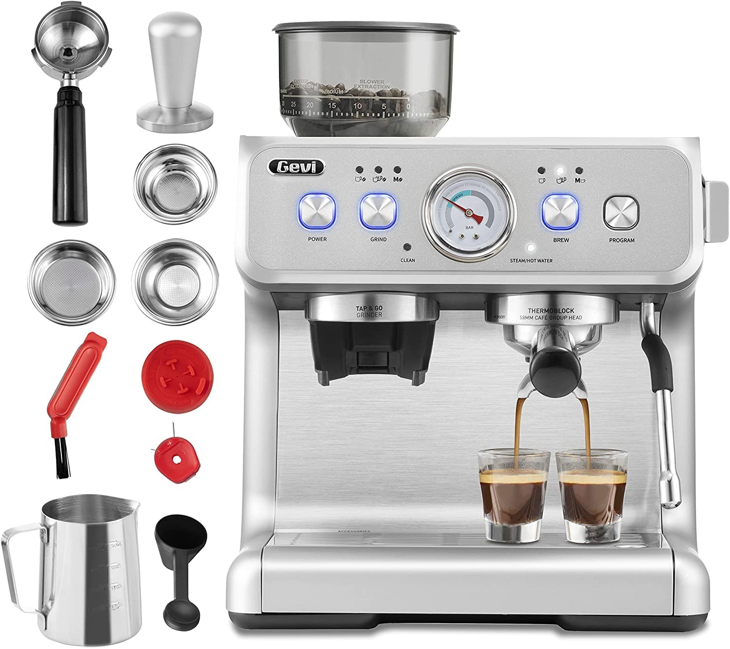 Gevi 20 Bar Espresso Machine with Milk Frother - Fast Heating Automatic Cappuccino & Latte Maker, 1.2L Removable Water Tank, 1500W Silver - Perfect for Home Coffee Bars, Office Break Rooms & Small Cafes
