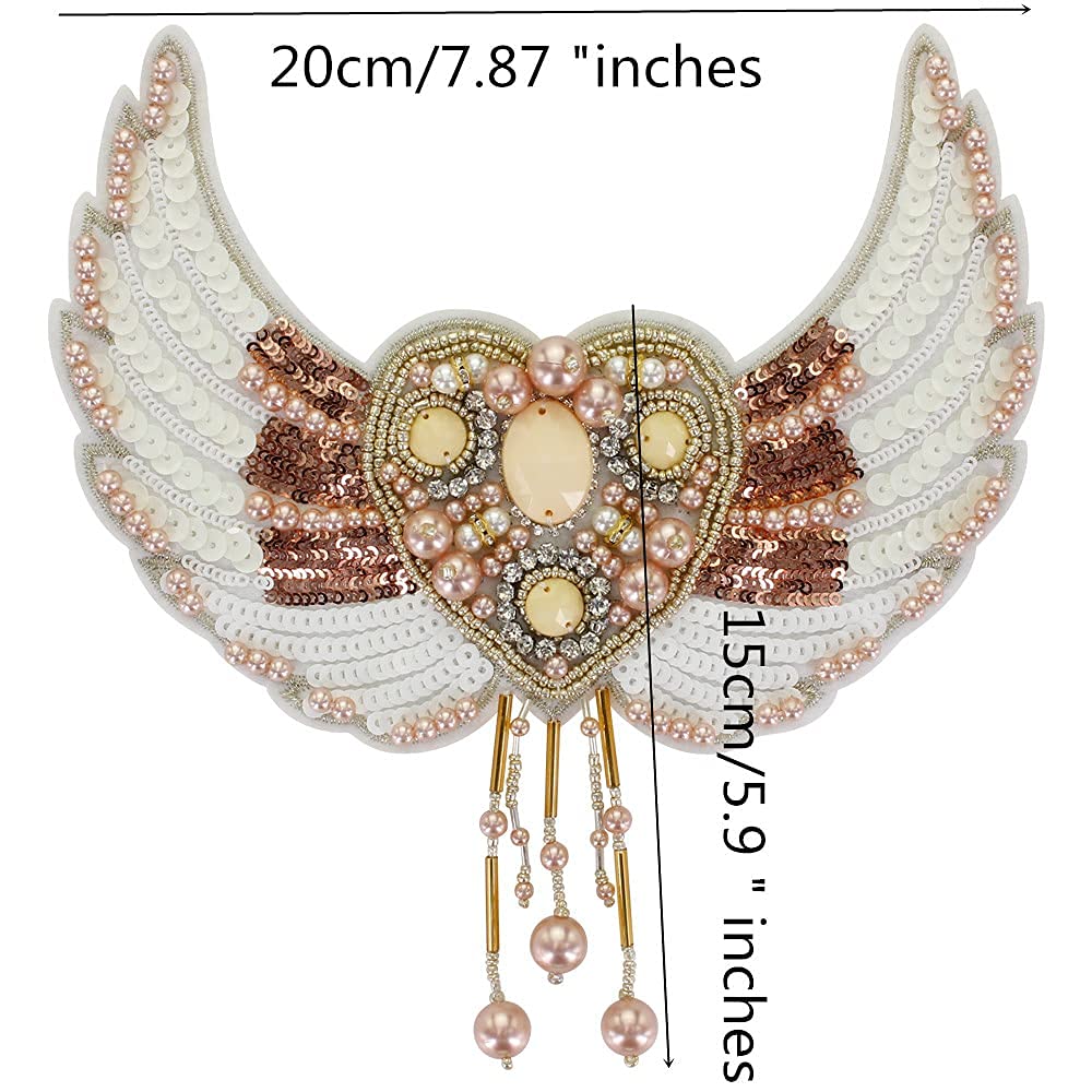 Sparkly Rhinestone Beaded Sequins Angel Wings Heart-Shaped Iron-On Patch - DIY Sewing Applique for Clothing, Hats, Bags & Accessories | Perfect for Costumes, Fashion Upgrades & DIY Crafts