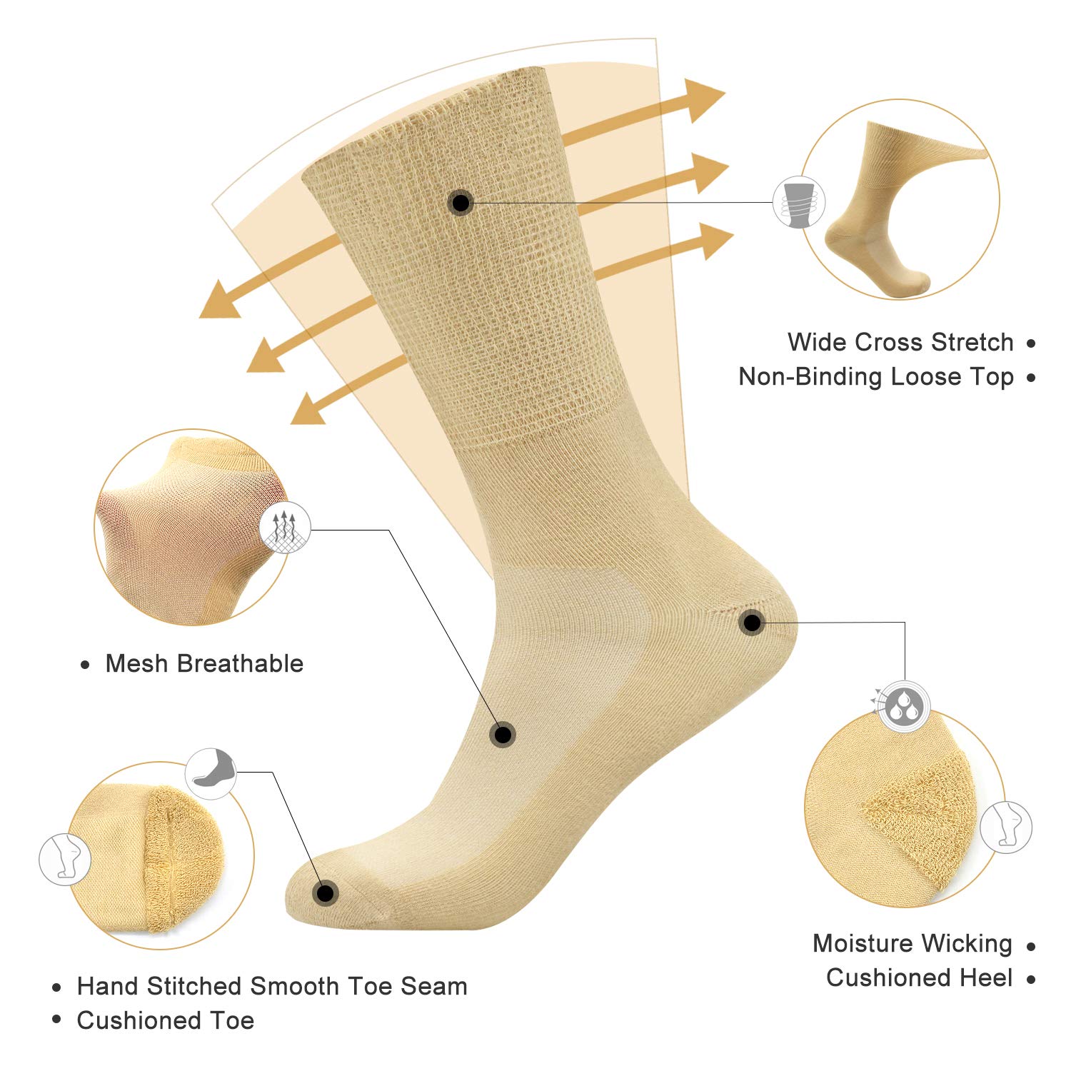 Diabetic Socks for Men & Women - Non-Binding Top, Seamless Toe, Soft Thin Crew Socks for Circulation & Comfort - Ideal for Daily Wear, Work & Diabetic Foot Care