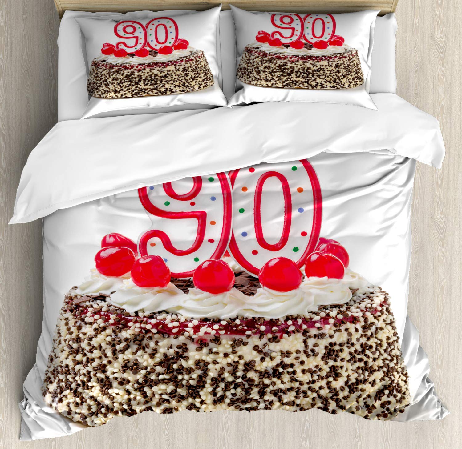 Ambesonne 90th Birthday Duvet Cover Set - Birthday Cake with Cherries & Candles Design - 3 Piece California King Bedding Set (Duvet Cover + 2 Pillow Shams) in Red, Brown & White - Perfect for Milestone Celebrations & Vintage Themed Bedrooms