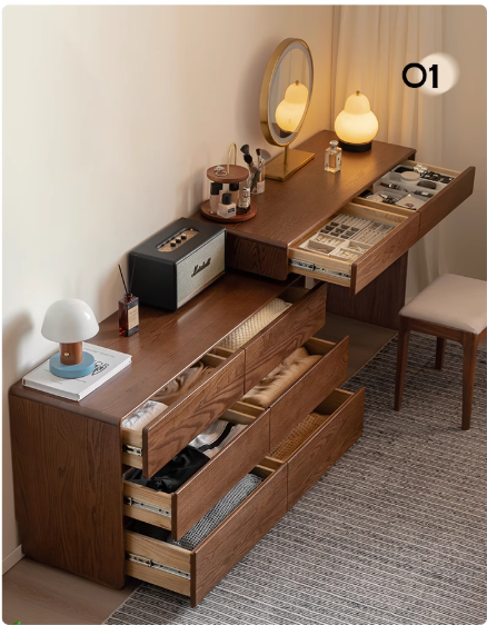 Vintage Oak Solid Wood Extendable Dressing Table - Elegant Vanity Desk with Mirror for Bedroom, Makeup & Beauty Organization