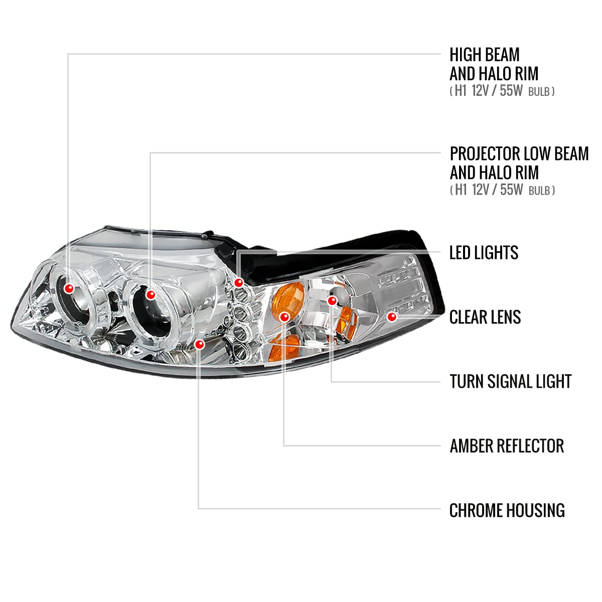 Chrome Clear LED Halo Projector Headlights for 1999-2004 Vehicles - High Performance Headlamp Pair - Perfect for Night Driving & Car Upgrades