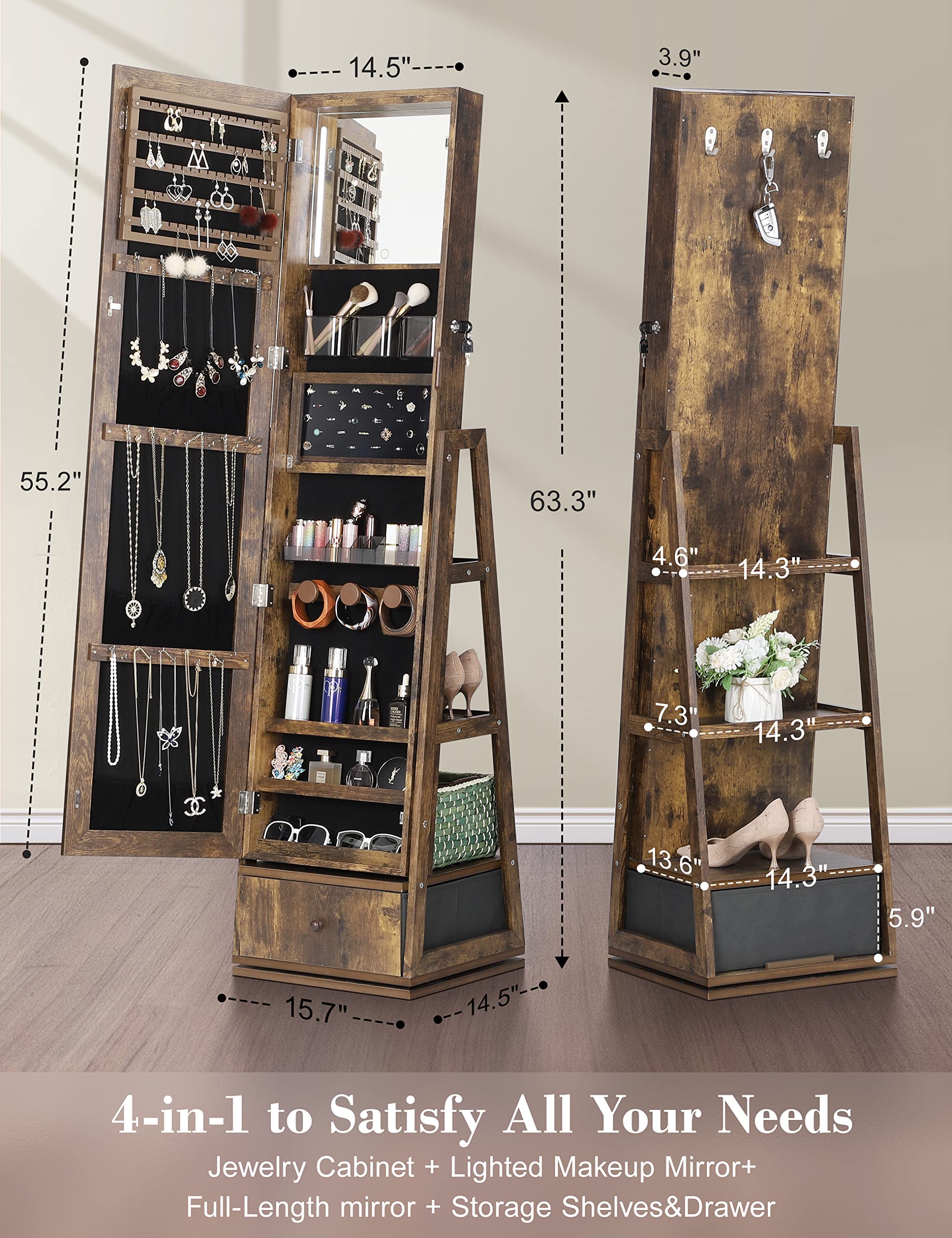 360° Swivel Jewelry Cabinet with LED Lights & Touch Screen Mirror - Rotating Full Length Mirror with Jewelry Storage Organizer - Standing Jewelry Armoire for Bedroom & Dressing Room - Perfect Christmas Gift (Rustic Brown)