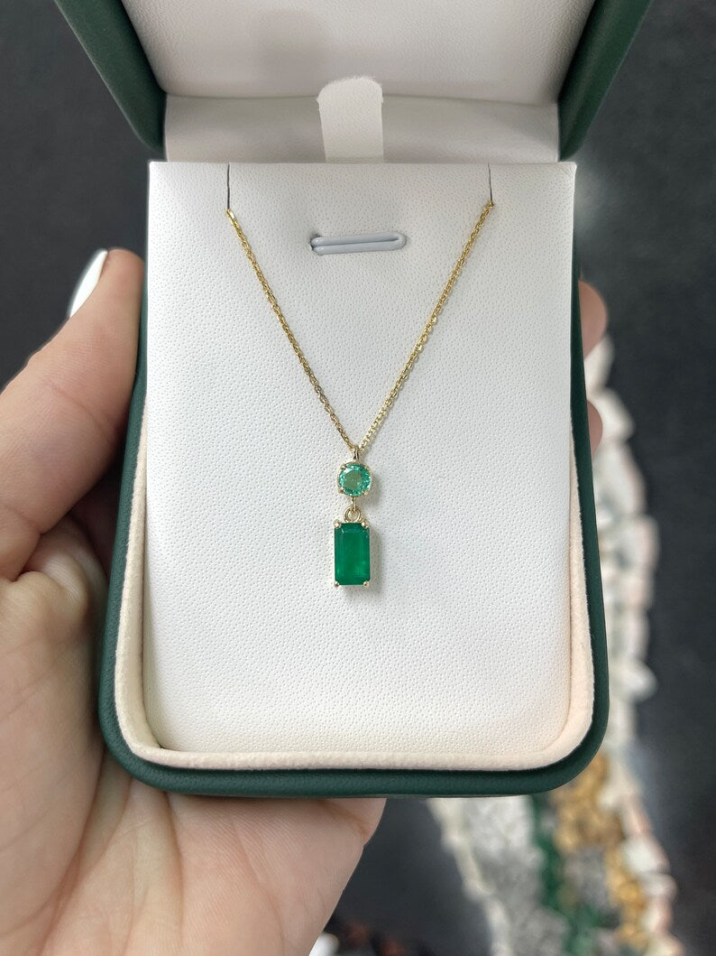 2.14tcw 14K Gold Vertical Emerald Cut & Round Dangle 4 Prong Pendant Necklace for Women - Elegant Layering Jewelry Gift for Birthday, Anniversary & Valentine's Day