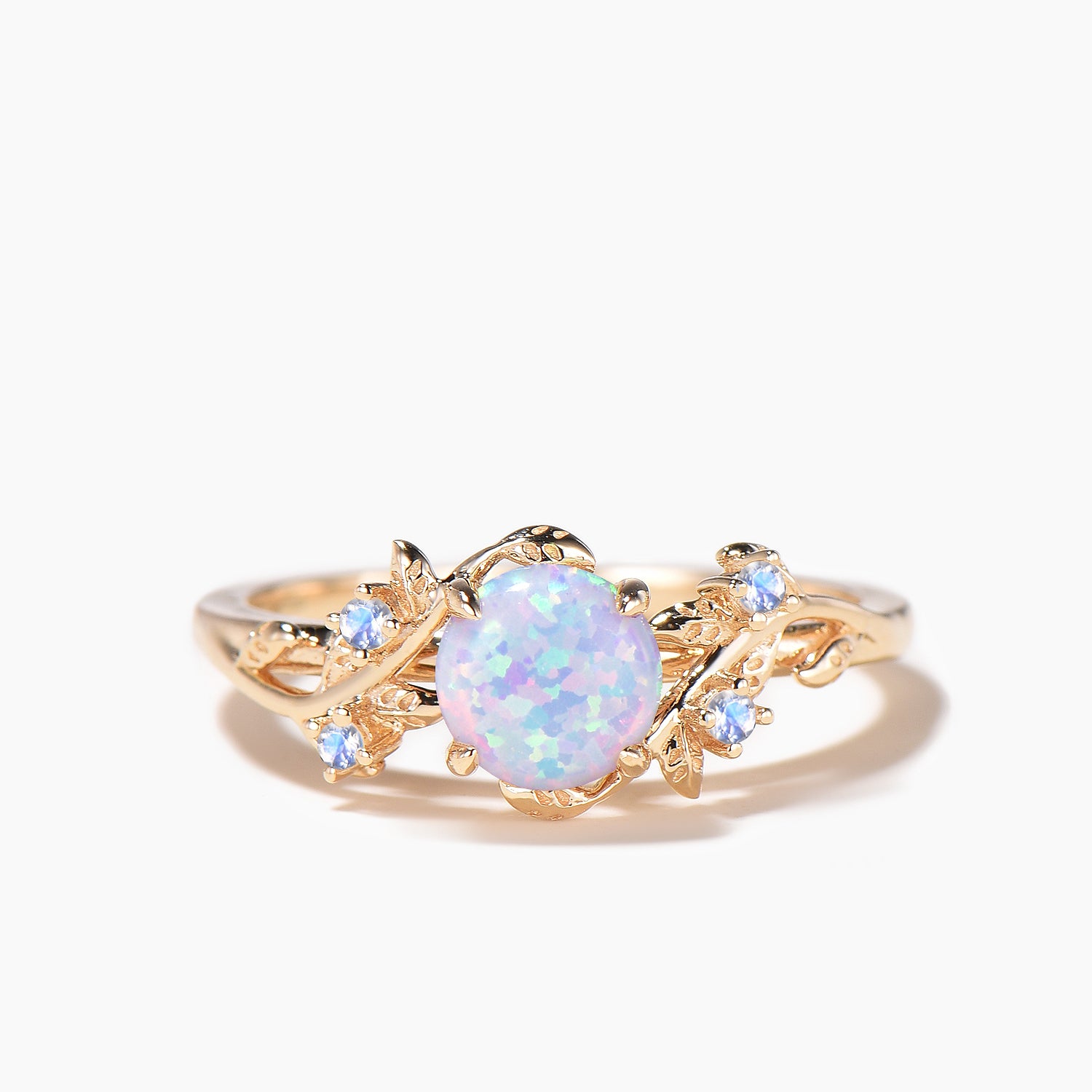 1ct Round Cut White Opal Moonstone Twig Leaf Branch Gold Bridal Ring Set - Elegant Wedding Band for Engagement, Anniversary & Special Occasions