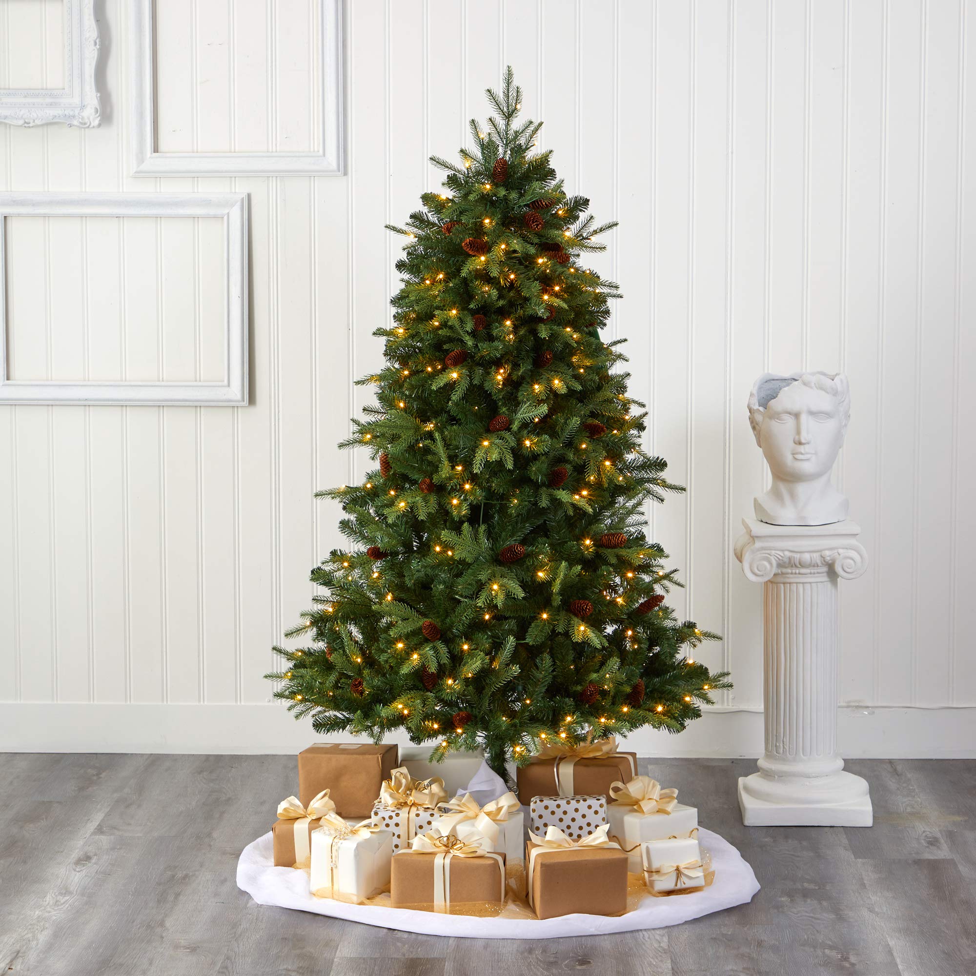 Nearly Natural 6ft Wellington Spruce Artificial Christmas Tree with 300 Clear LED Lights & Pine Cones - Perfect for Holiday Home Decor, Office Party & Festive Celebrations