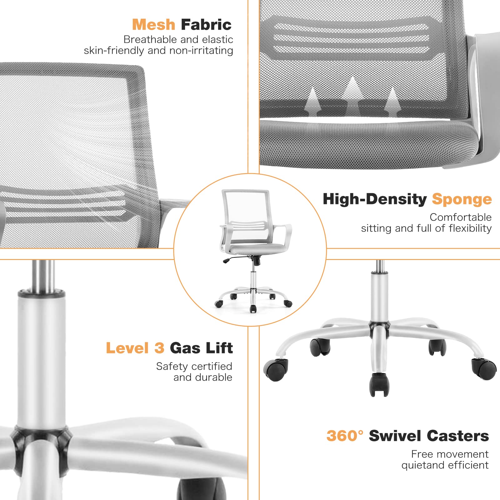 Ergonomic Office Chair with Lumbar Support - Adjustable Mesh Back, Swivel & Rolling Computer Desk Chair for Home & Office - Grey Mid Back Task Chair with Armrests - Perfect for Long Work Hours, Gaming & Study Sessions