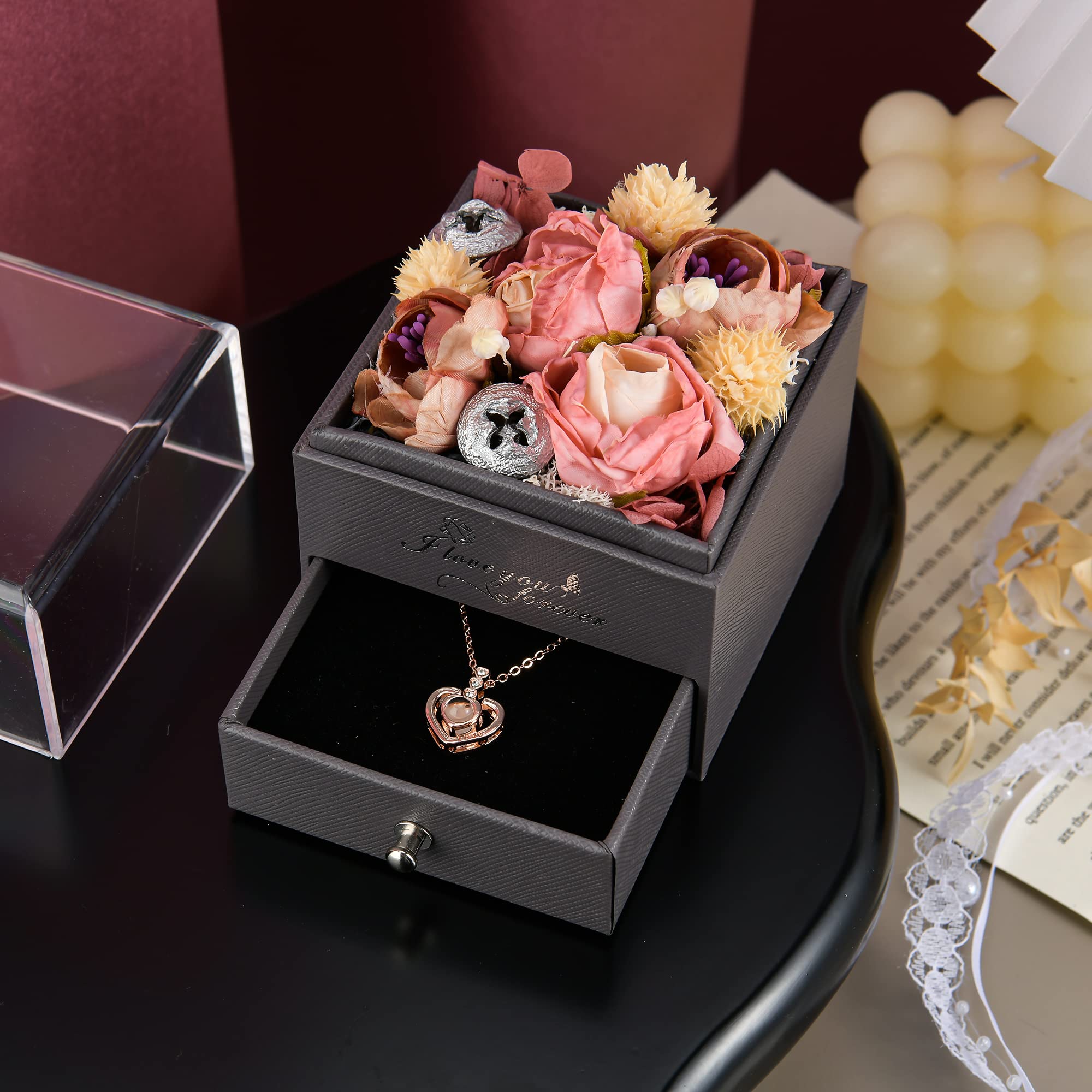 Elegant Jewelry Simulation Flower Box Gift for Women, Mom, Wife, Girlfriend - Perfect for Mother's Day, Valentine's Day, Anniversary, Birthday - Dark Rose Red for Romantic Occasions and Special Celebrations