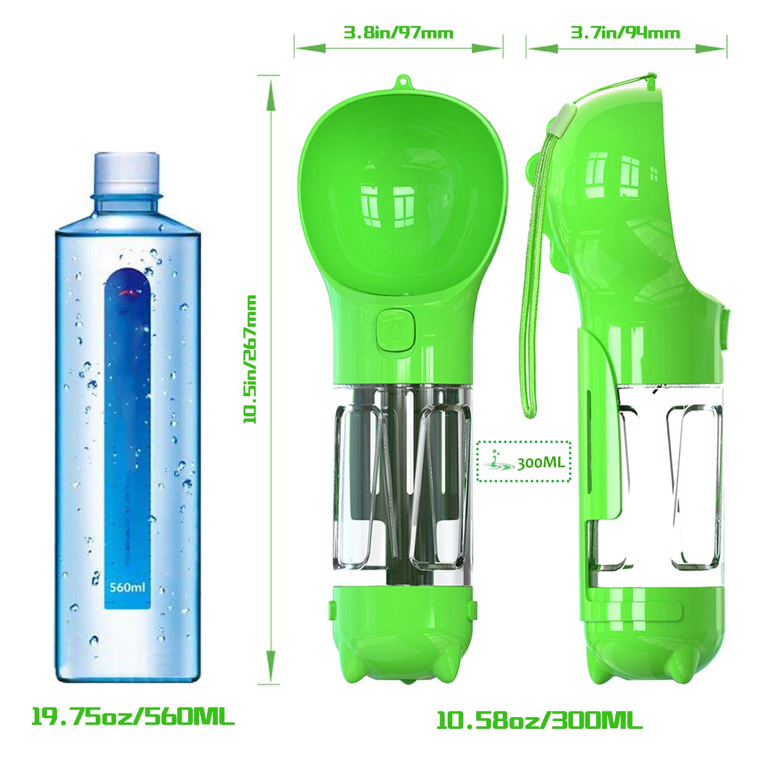 Portable Dog Water Bottle with Bowl & Eco Bag - 10.58oz Pet Water Dispenser for Dogs & Cats - Ideal for Walking, Hiking, Camping & Outdoor Adventures - Best Dog Accessories Gift for Travel Lovers