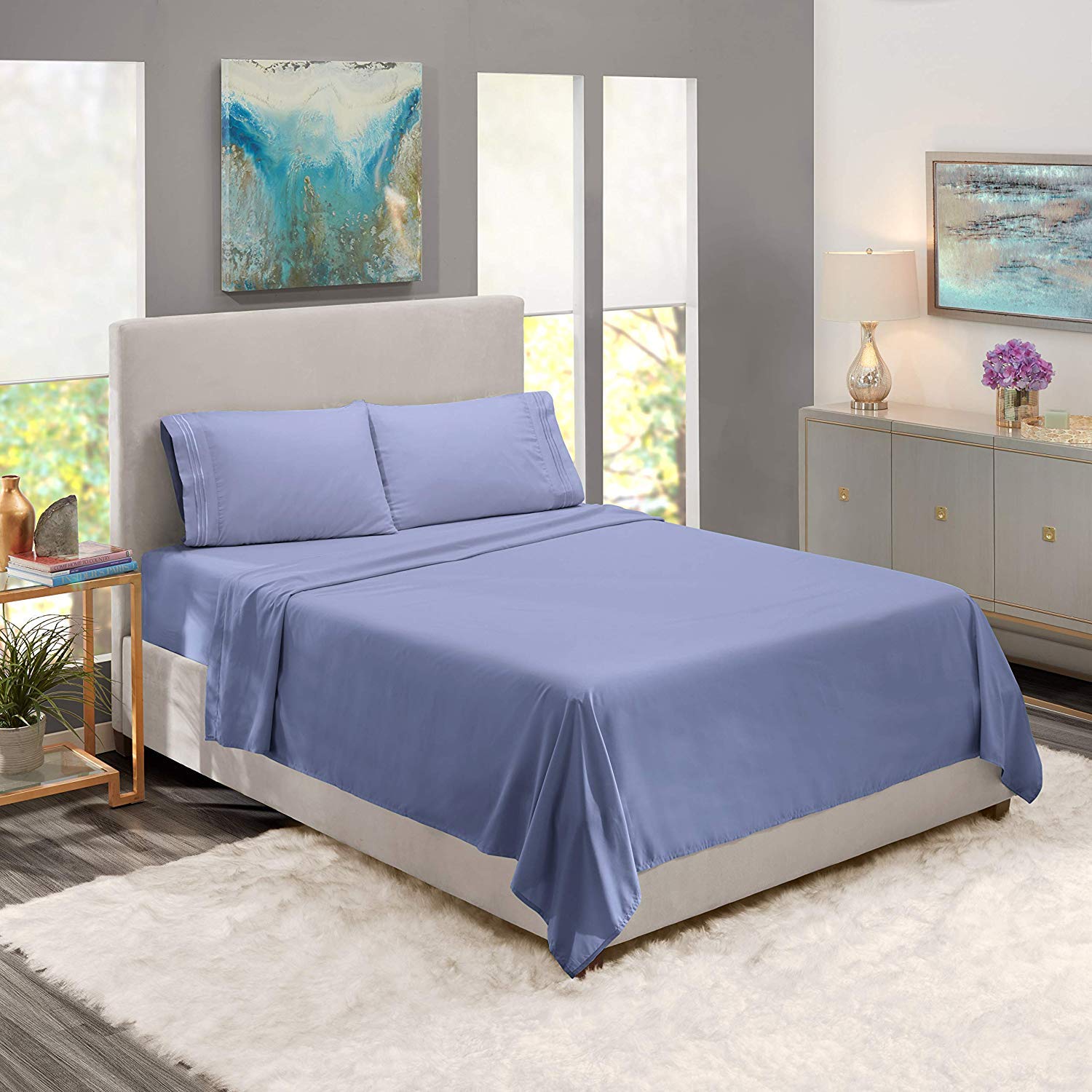 Premium 600 Thread Count 100% Cotton Sheet Set - Soft, Wrinkle-Resistant 4-Piece Bedding Set (Steel Blue, Full XL) for Comfortable Sleep & Luxury Bedroom Decor