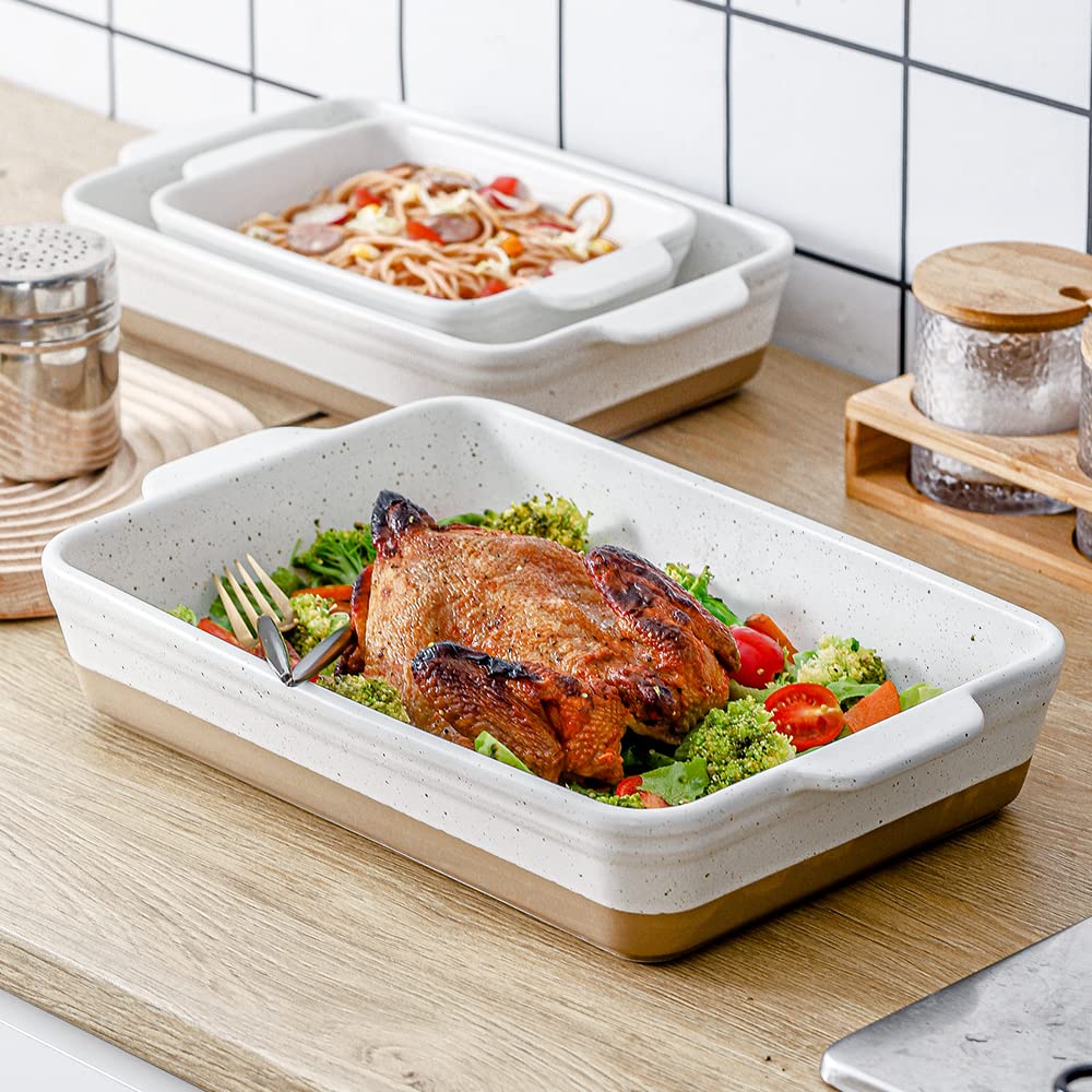 HVH 3-Piece Ceramic Baking Dish Set - 9x13 Inch Large Casserole Dish, Lasagna Pan & Deep Bakeware - Farmhouse Style White Ceramic Cookware for Oven, Microwave & Dishwasher Safe - Perfect for Casseroles, Lasagna, Roasts & Holiday Meals