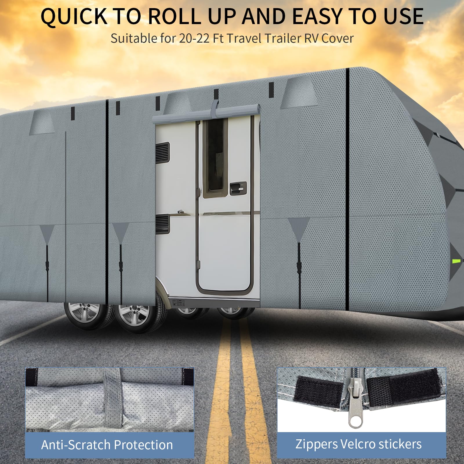 Heavy Duty 20-22 FT RV Cover - Waterproof, Rip-Resistant, UV Protection Camper Cover with Windproof Straps for Winter Snow Protection | Ideal for Outdoor Storage, Travel Trailers, and Camper Vans
