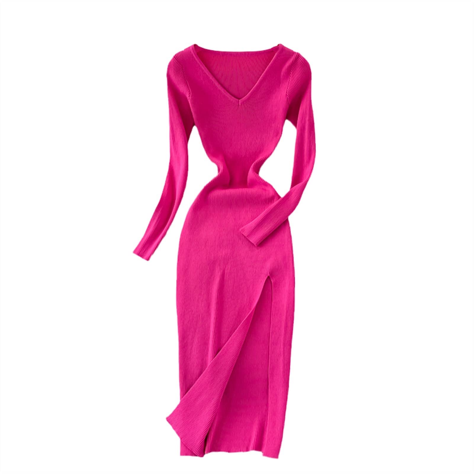 Women's Knitted Long Sleeve V-Neck Bodycon Pencil Dress - Stretchy Slim Fit Sexy Sweater Dress for Autumn & Winter (Rose Red, One Size) | Perfect for Office Wear, Date Night, Party & Casual Outfits