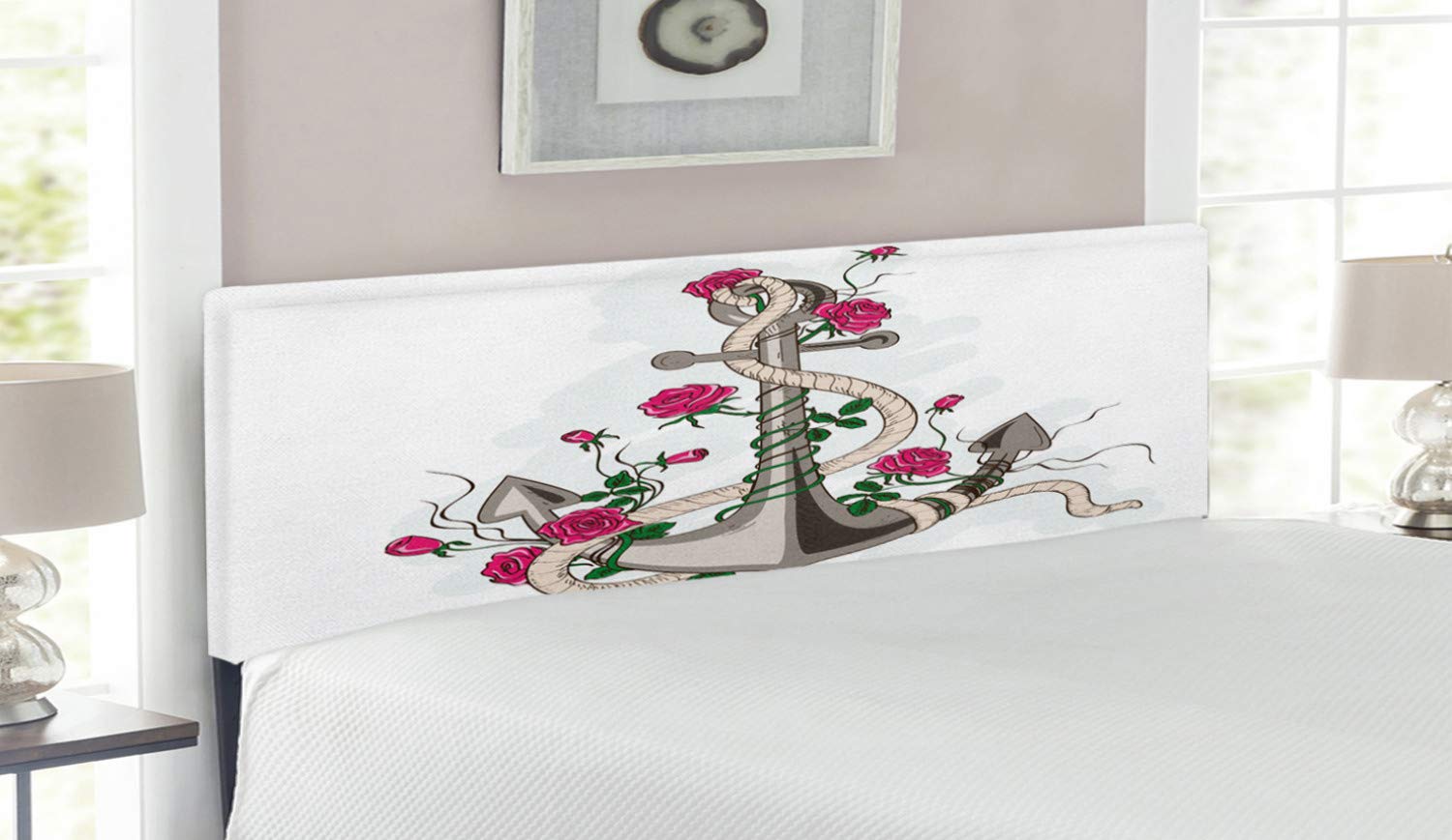 Ambesonne Rose Headboard - Hand Drawn Sea Anchor & Floral Design, Upholstered Metal Bed Headboard with Memory Foam, Queen Size in Hot Pink, Green & Taupe - Perfect for Coastal & Boho Bedroom Decor
